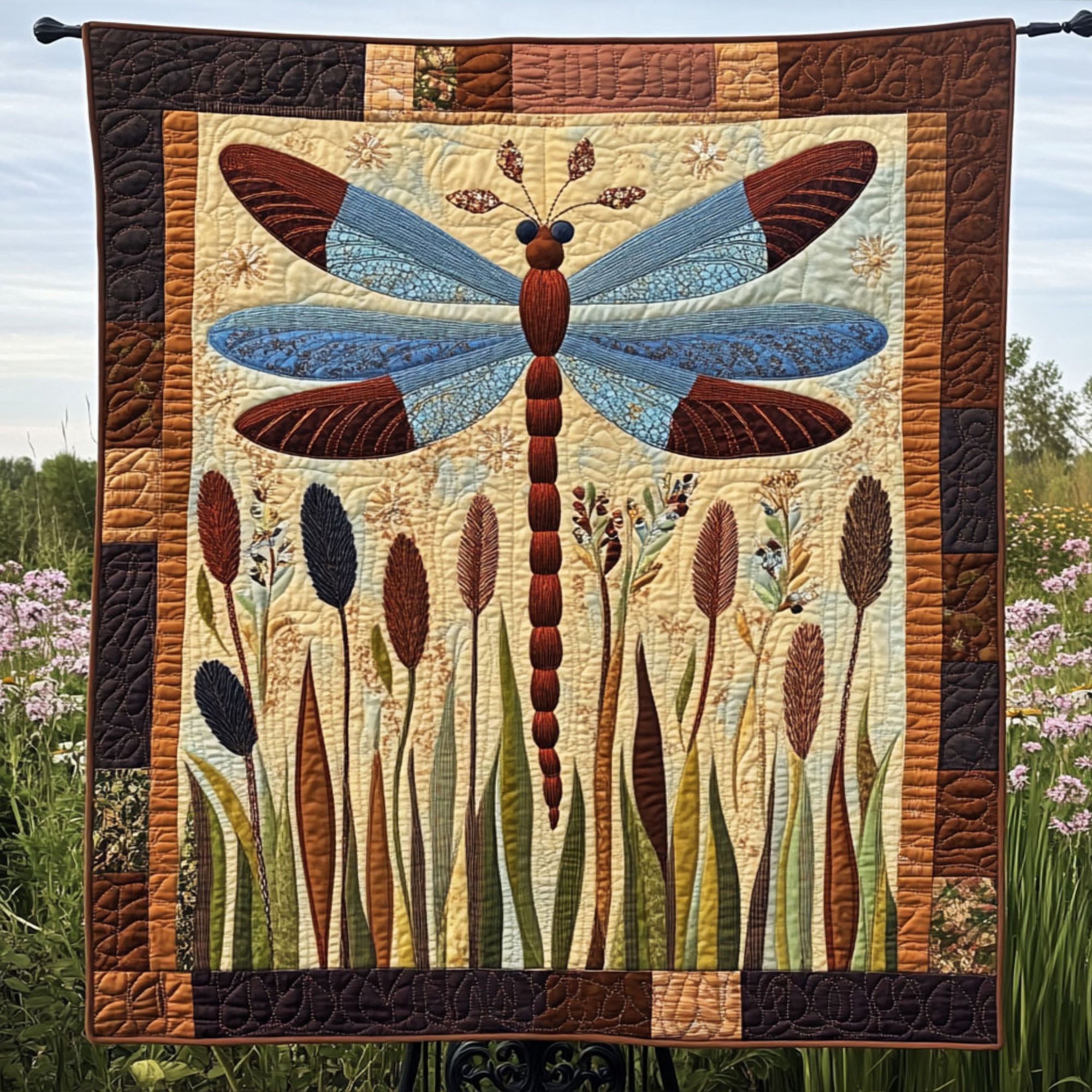 Cattail Dream Quilted Blanket Cool Throw Blanket Great Dragonfly Lover Gift Ideas
