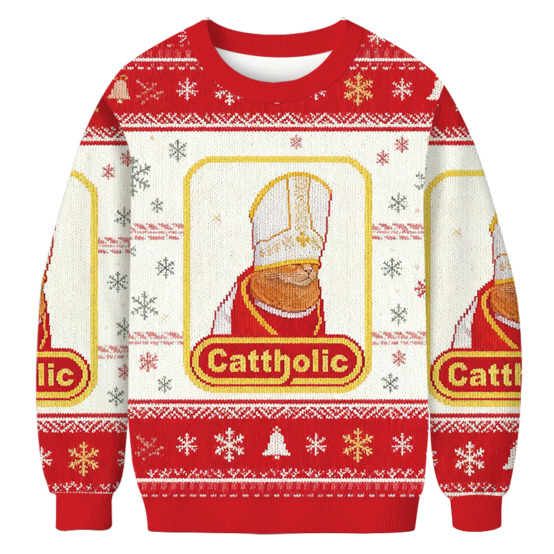 Cattholic Cat Funny Christmas Ugly Sweatshirt Christmas Party Novelty Sweater Gift Ideas