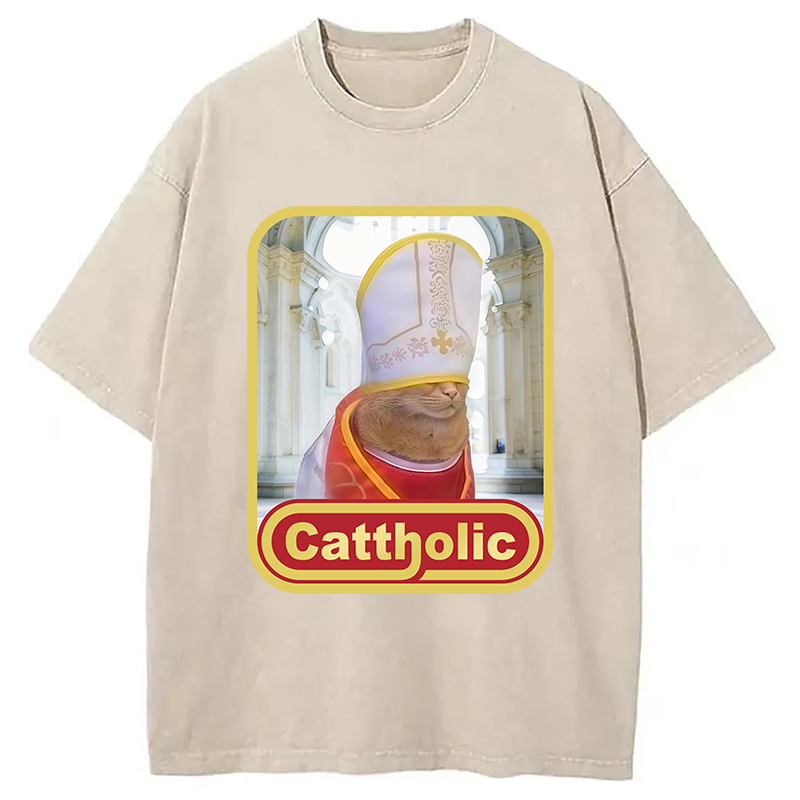 Cattholic Cat Funny Washed T-Shirt Cool Graphic Tee For Men Women Gifts For Her