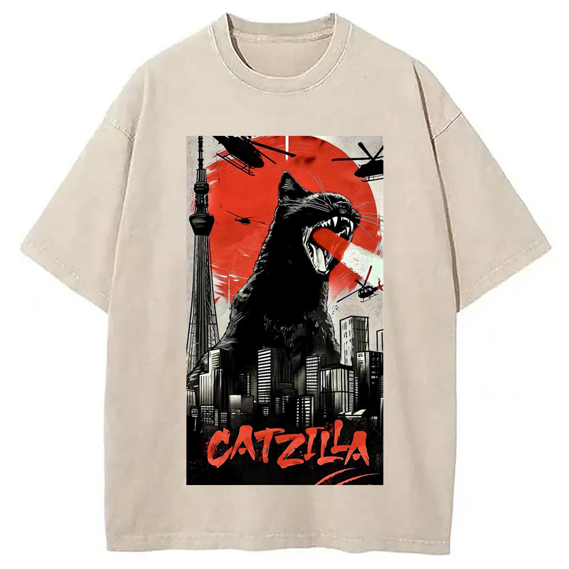 Catzilla Black Cat Washed T-Shirt Everyday Comfort Graphic Shirt Gifts For Best Friend