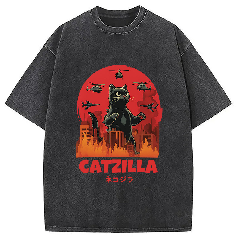 Catzilla Cat Japanese Vintage Washed T-Shirt Funny Aesthetic Trendy Apparel Gifts For Brother