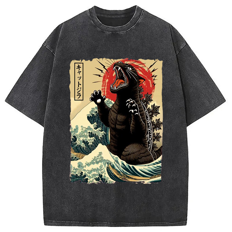 Catzilla Cat Wave Japanese Washed T-Shirt Classic Graphic Fashion Tee Gifts For Friends