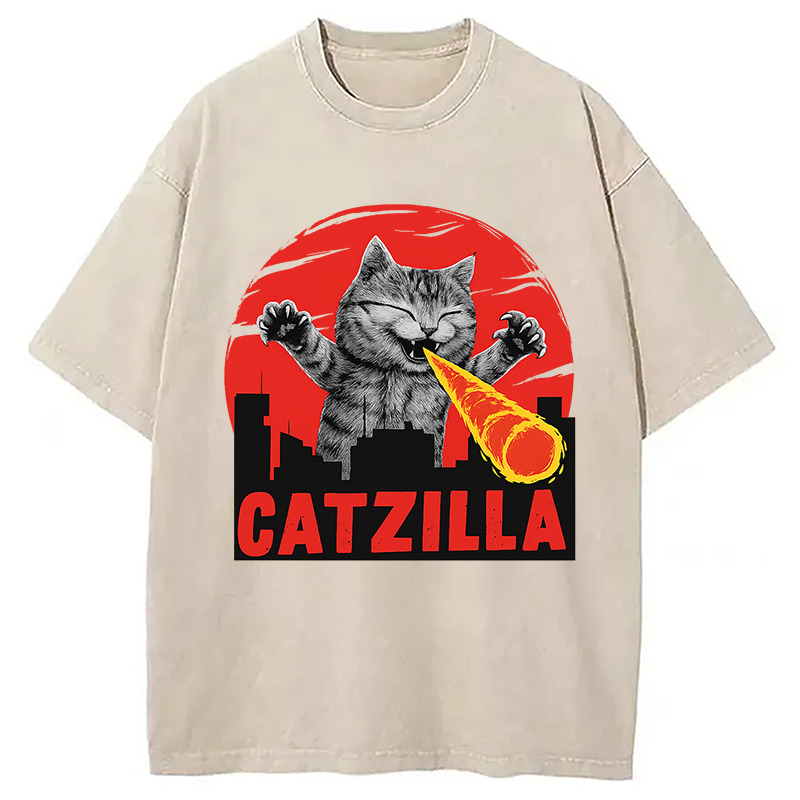 Catzilla Fire Breathing Cat Washed T-Shirt Cool Graphic Tee For Men Women Gifts For Friends