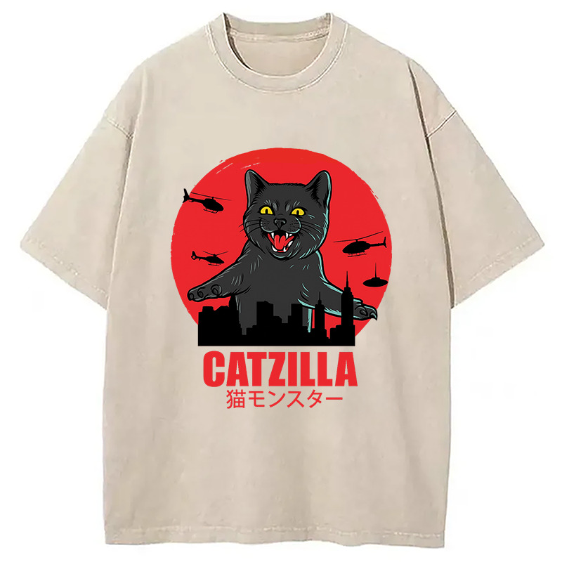 Catzilla Funny Black Cat Vintage Washed T-Shirt Retro Humor Graphic Top Gifts For Brother