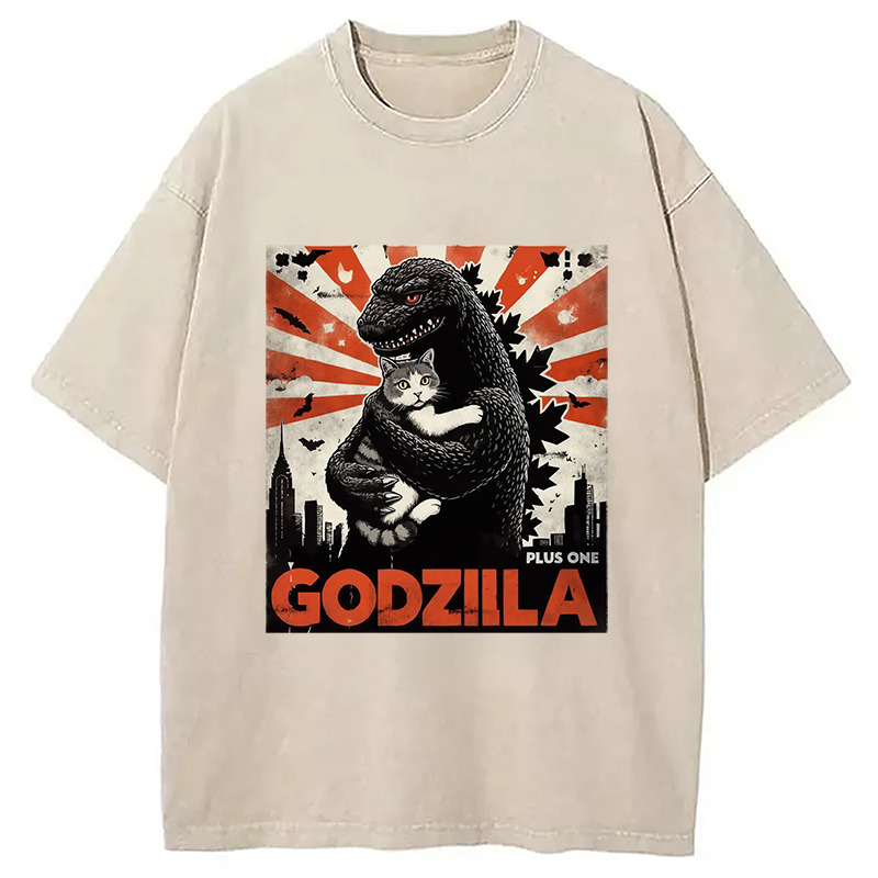 Catzilla Funny Monster And Cat Vintage Washed T-Shirt Soft Cotton Daily Wear Tee Gifts For Besties