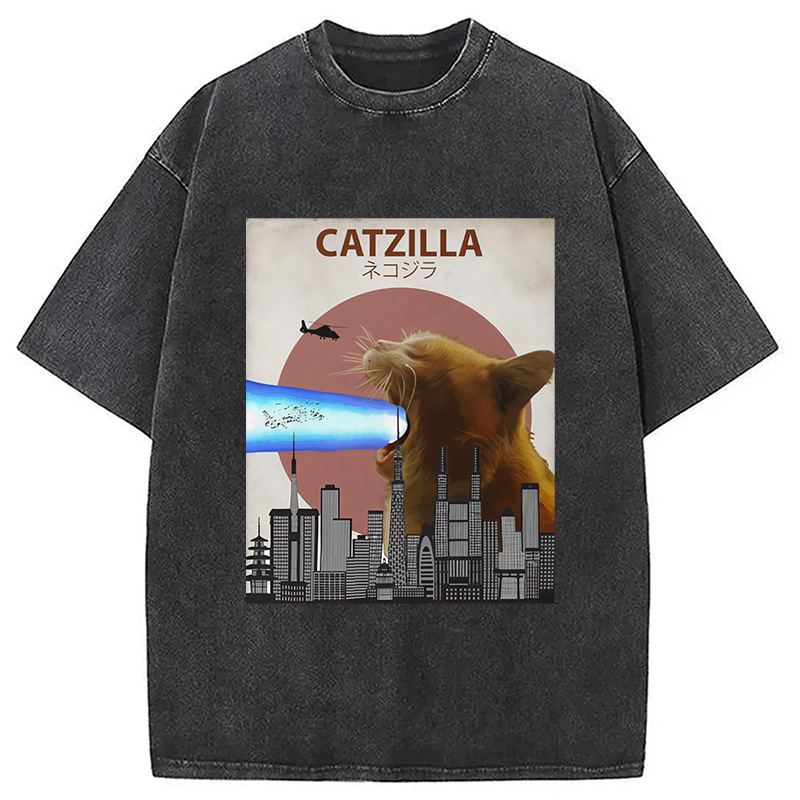 Catzilla Giant Cat with Mouth Lasers Washed T-Shirt Casual Vintage Everyday Look Gifts For Brother
