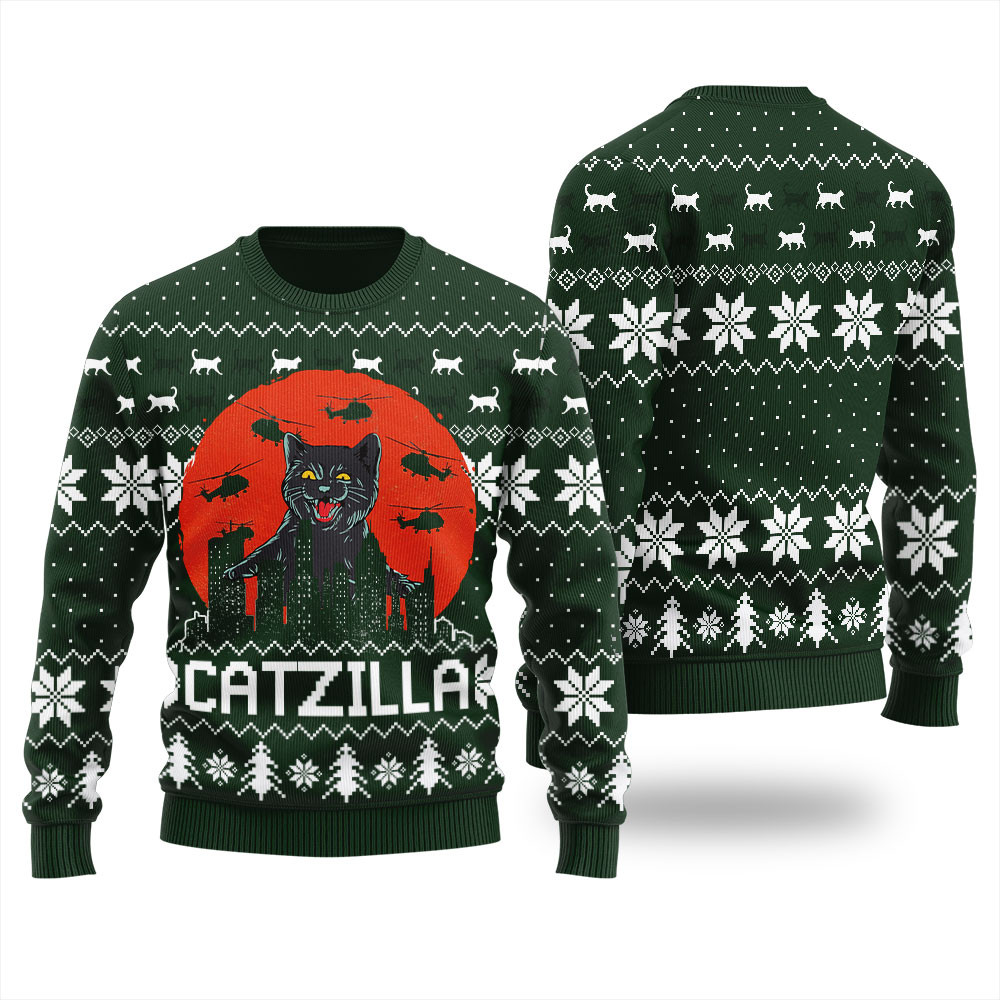Catzilla Happy Halloween Mens Ugly Sweater Trendy Winter Sweatshirt for Cozy Moments
