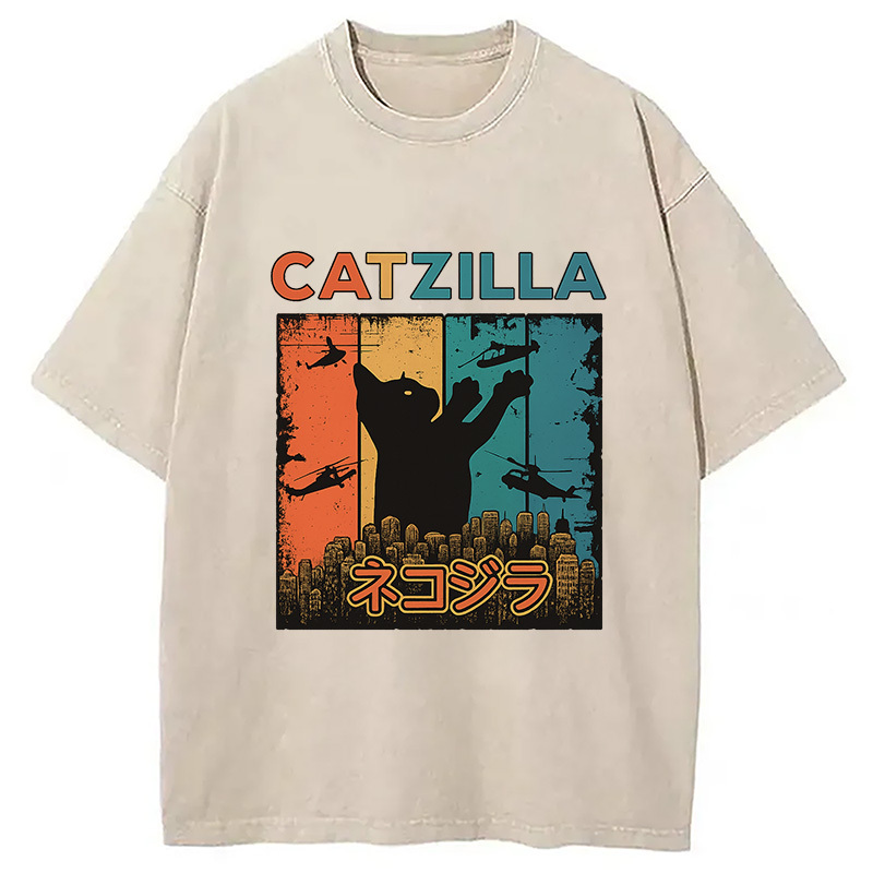 Catzilla Japanese Funny Retro Washed T-Shirt Casual Oversized Outfit Style Gifts For Best Friend