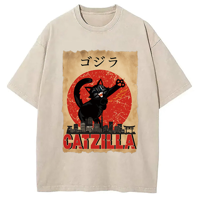Catzilla Monster Cat Japanese Washed T-Shirt Retro Humor Graphic Top Gifts For BFF