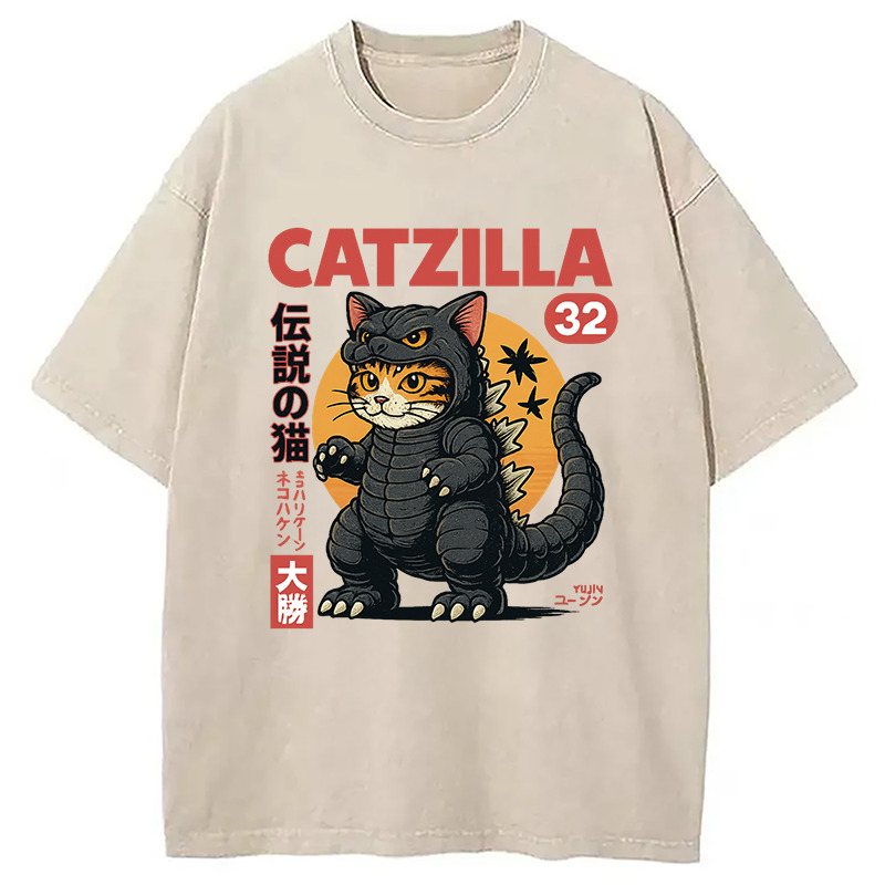 Catzilla Monster Cat Washed T-Shirt Cool Urban Street Style Shirt Gifts For Him