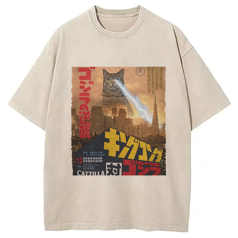 Catzilla Movie Poster Washed T-Shirt Funny Aesthetic Trendy Apparel Gifts For Friends Catzilla Movie Poster Washed T-Shirt Funny Aesthetic Trendy Apparel Gifts For Friends
