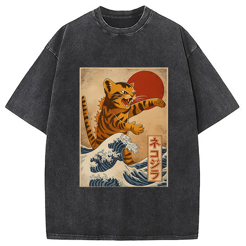Catzilla Orange Cat Japanese Vintage Washed T-Shirt Trendy Aesthetic Graphic Apparel Gifts For BFF Catzilla Orange Cat Japanese Vintage Washed T-Shirt Trendy Aesthetic Graphic Apparel Gifts For BFF