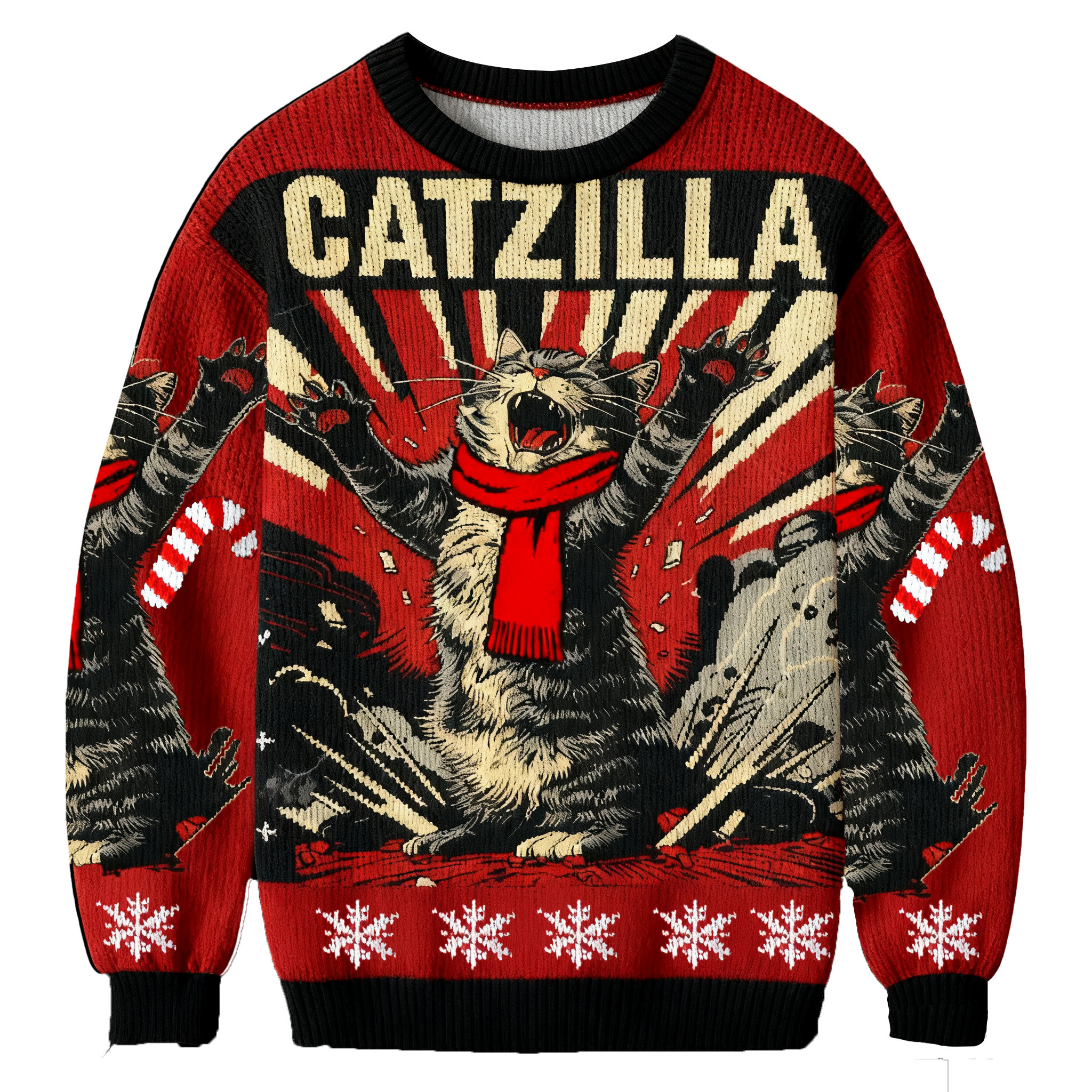 Catzilla Roaring Funny Cat Retro Christmas Ugly Sweater Holiday Clothing Xmas Gifts For Him