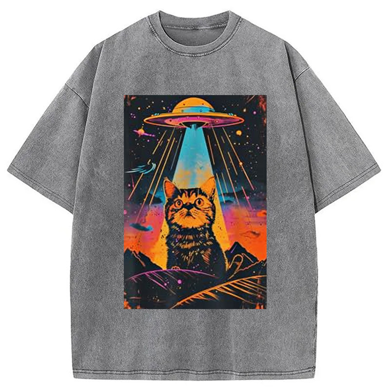 Catzilla Vintage Funny Cute Cat Washed T-Shirt Funny Graphic Gift For Friends Gifts For Brother