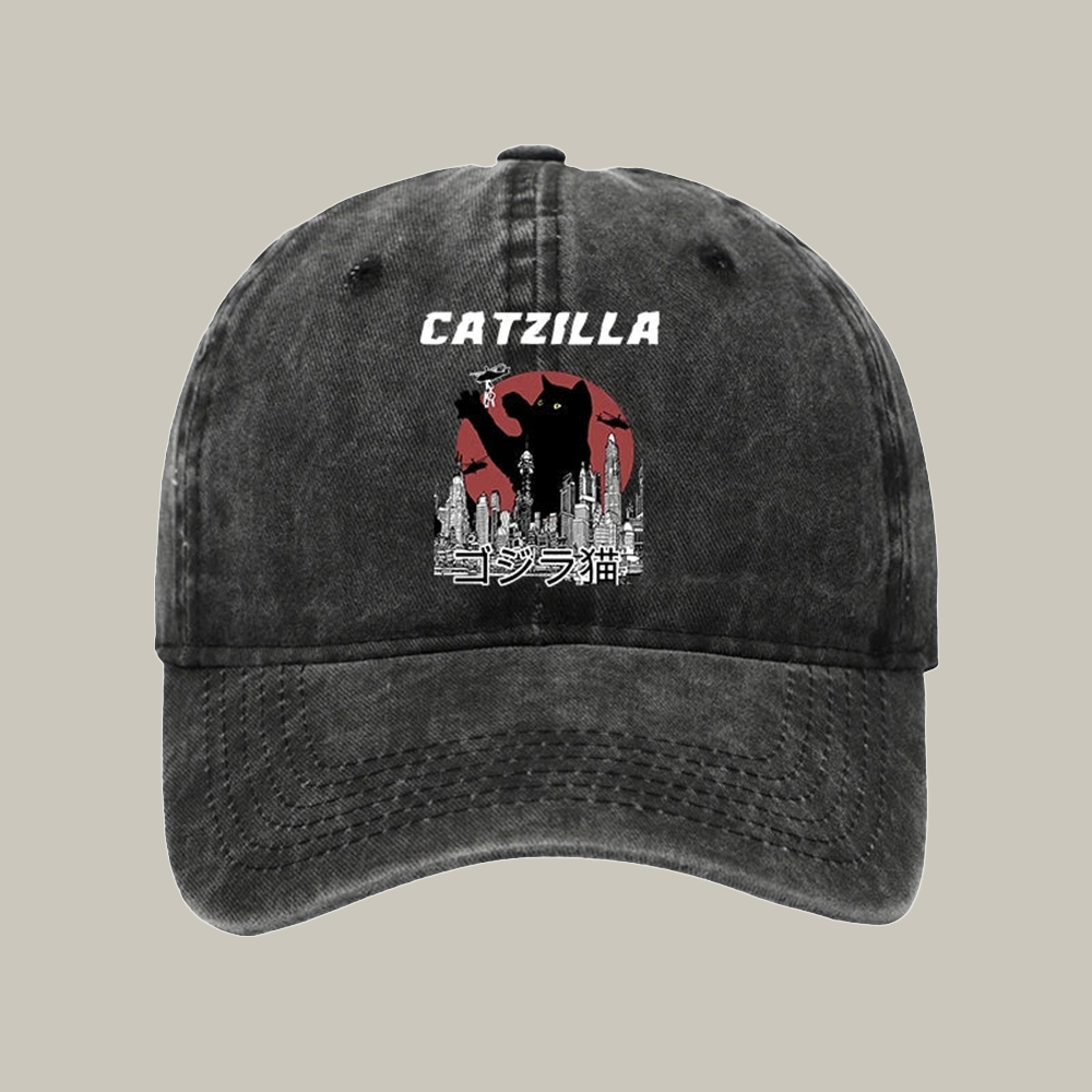 Catzilla Vintage Washed Cap Aesthetic Baseball Caps Christmas Gifts For Cat Lovers