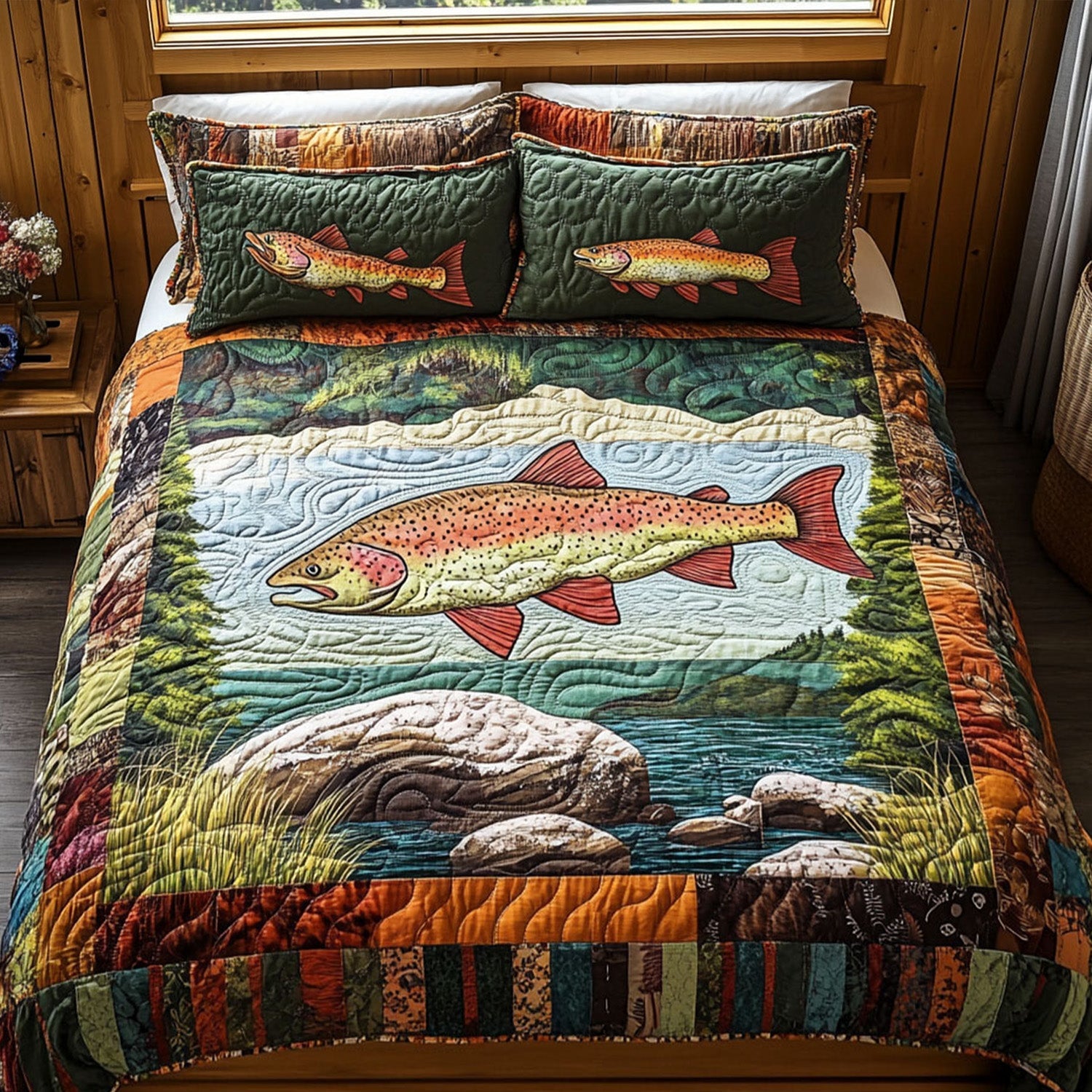 Caught in the Current Quilted Bedding Set Best Christmas Duvet Cover Set Fishing Presents For Him