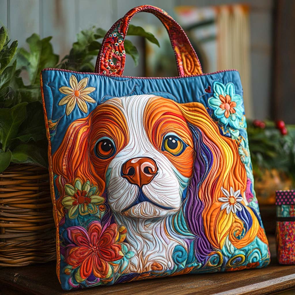 Cavalier Floral Spirit Quilted Tote Bag Cool Gifts For Pet Lovers