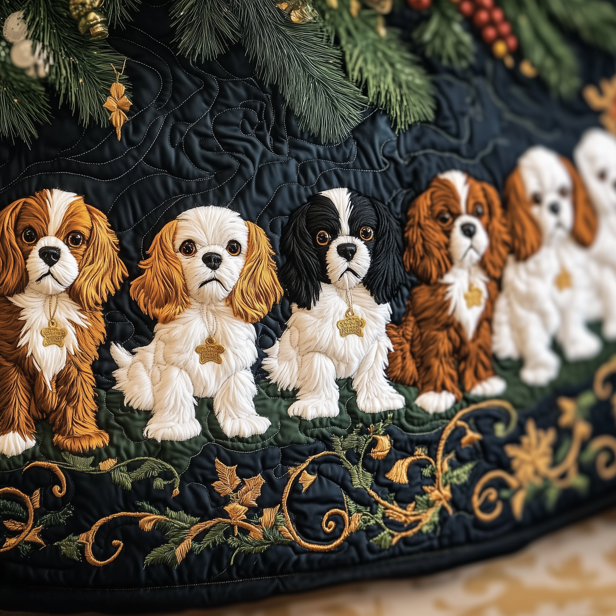 Cavalier King Charles Spaniel Christmas Tree Skirt Quilted Dog Lover Holiday Decor Gift