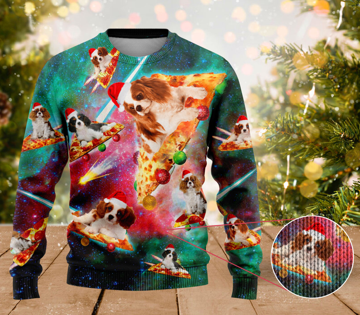 Cavalier King Charles Spaniel Pizza Ugly Sweater Dog Lover Women's Cute Christmas Sweaters