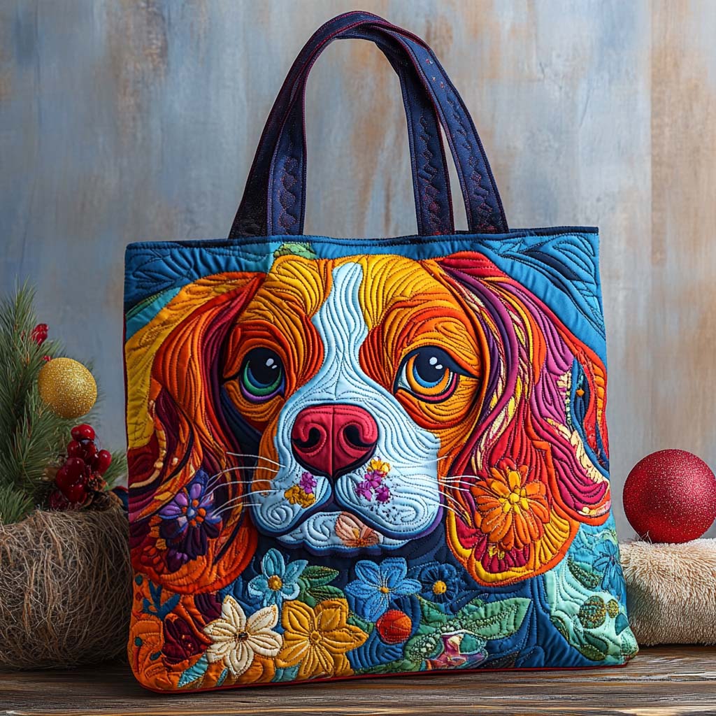 Cavalier Rainbow Garden Quilted Tote Bag Cute Puppy Owner Gifts