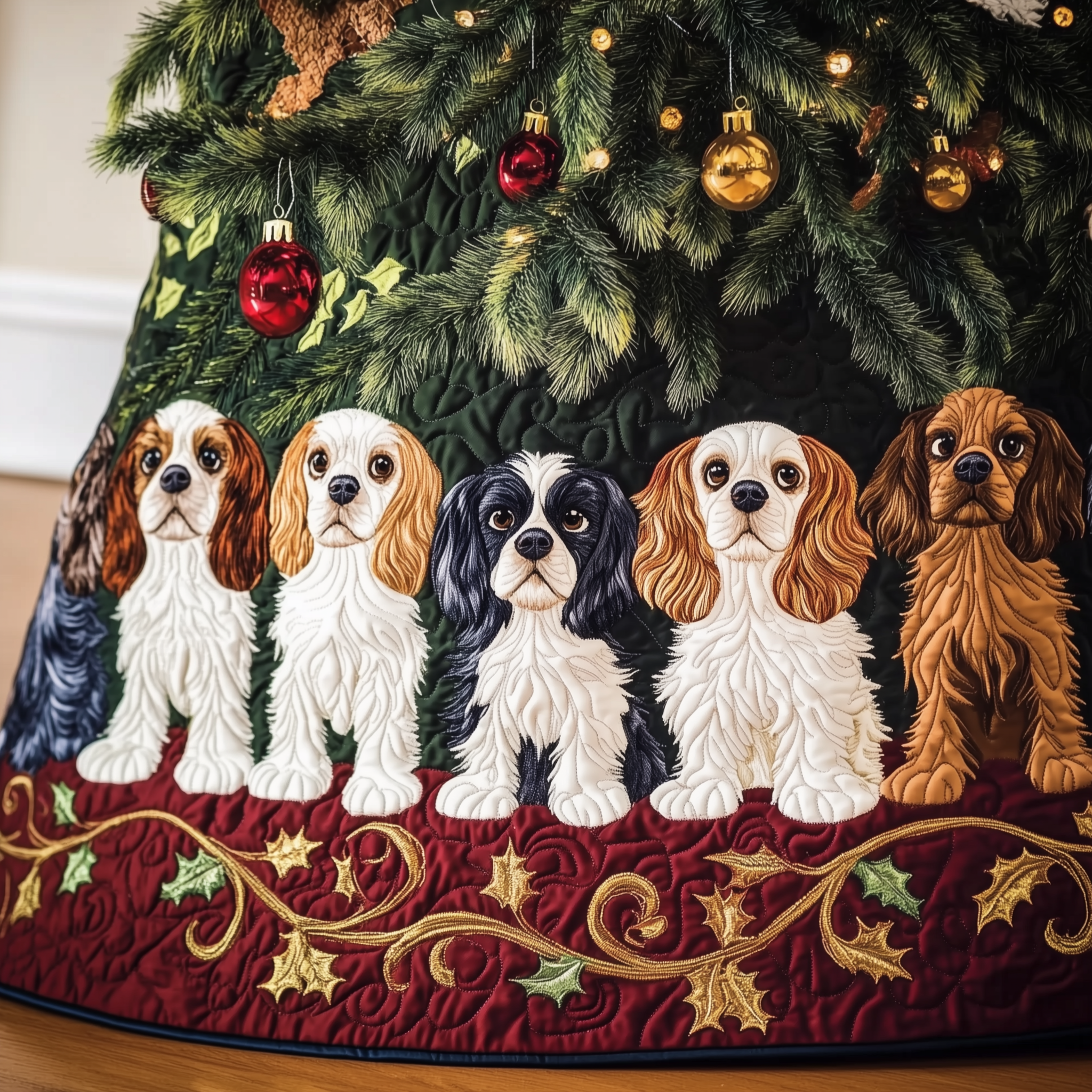 Cavalier Spaniel Christmas Tree Skirt Handcrafted Quilted Dog Design Holiday Gift Idea
