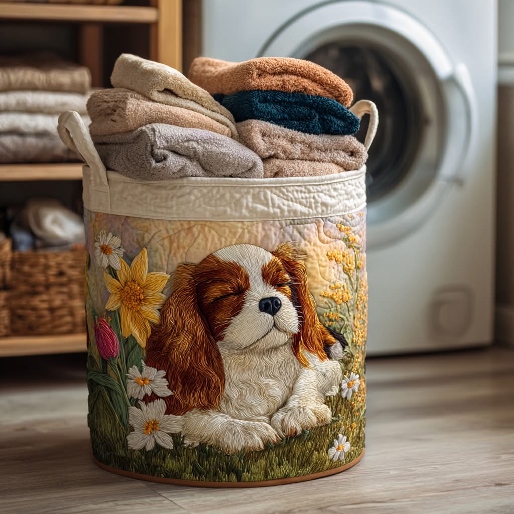 Cavalier Spaniel Spring Flowers Quilted Laundry Basket Dog Lover Home Decor Best Gift For Dog Parents