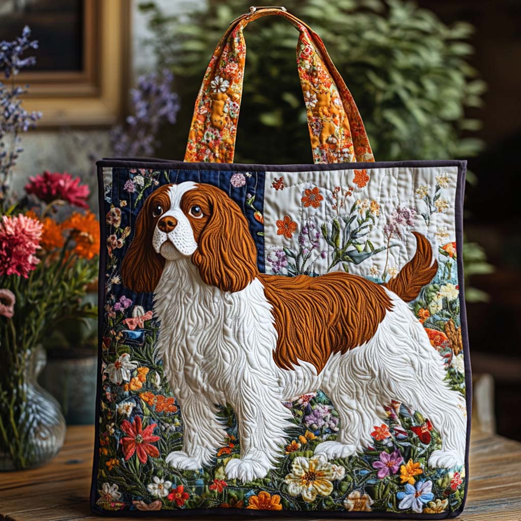 Cavalier Vintage Blossom Quilted Tote Bag Cute Gifts For Dog Lovers Owners
