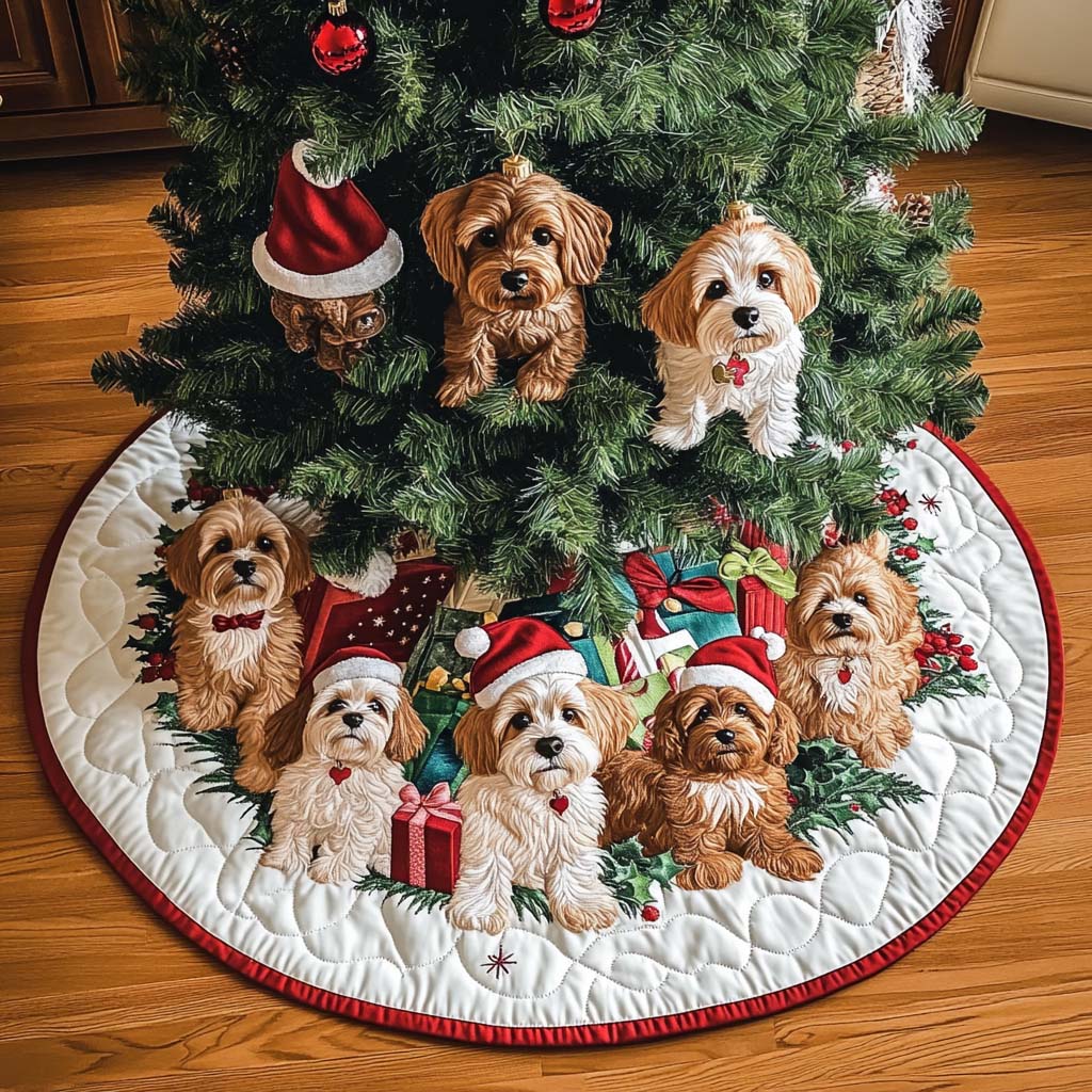 Cavapoo Joy Christmas Quilted Tree Skirt Festive Christmas Tree Skirt for Holiday Decor