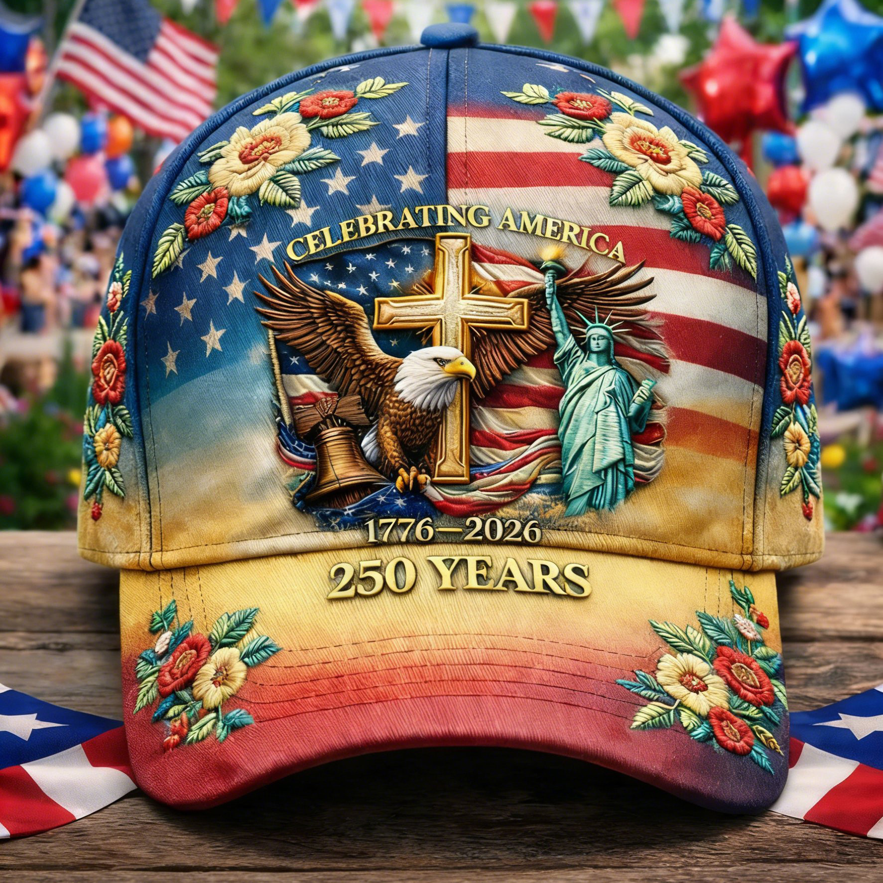 Celebrating America 250 Years 1776 2026 Patriotic Eagle Floral Hat Statue Of Liberty Baseball Cap
