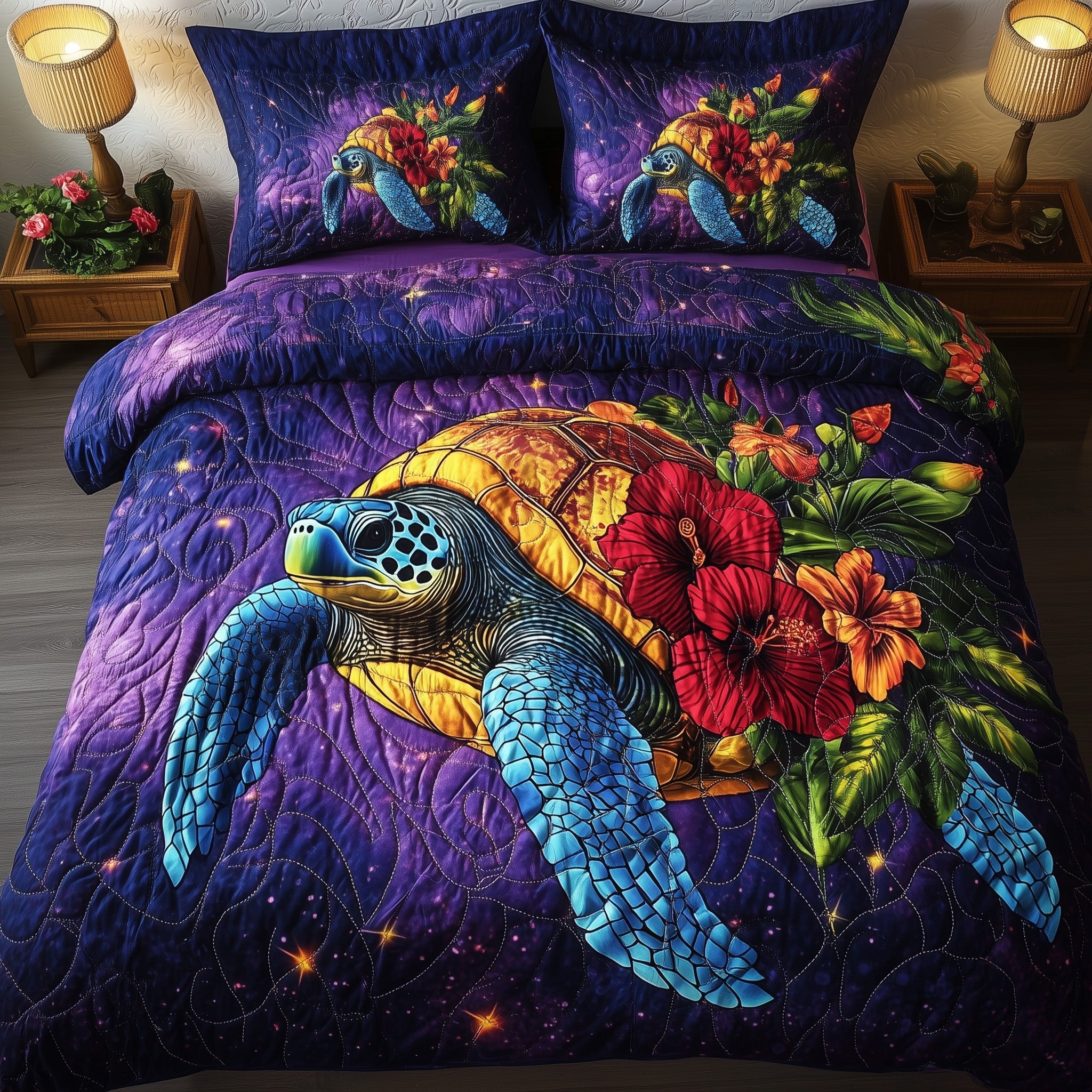 Celestial Bloom Turtle Quilted Bedding Set Duvet Cover Bed Sheet Christmas Presents For Sea Turtle Lovers