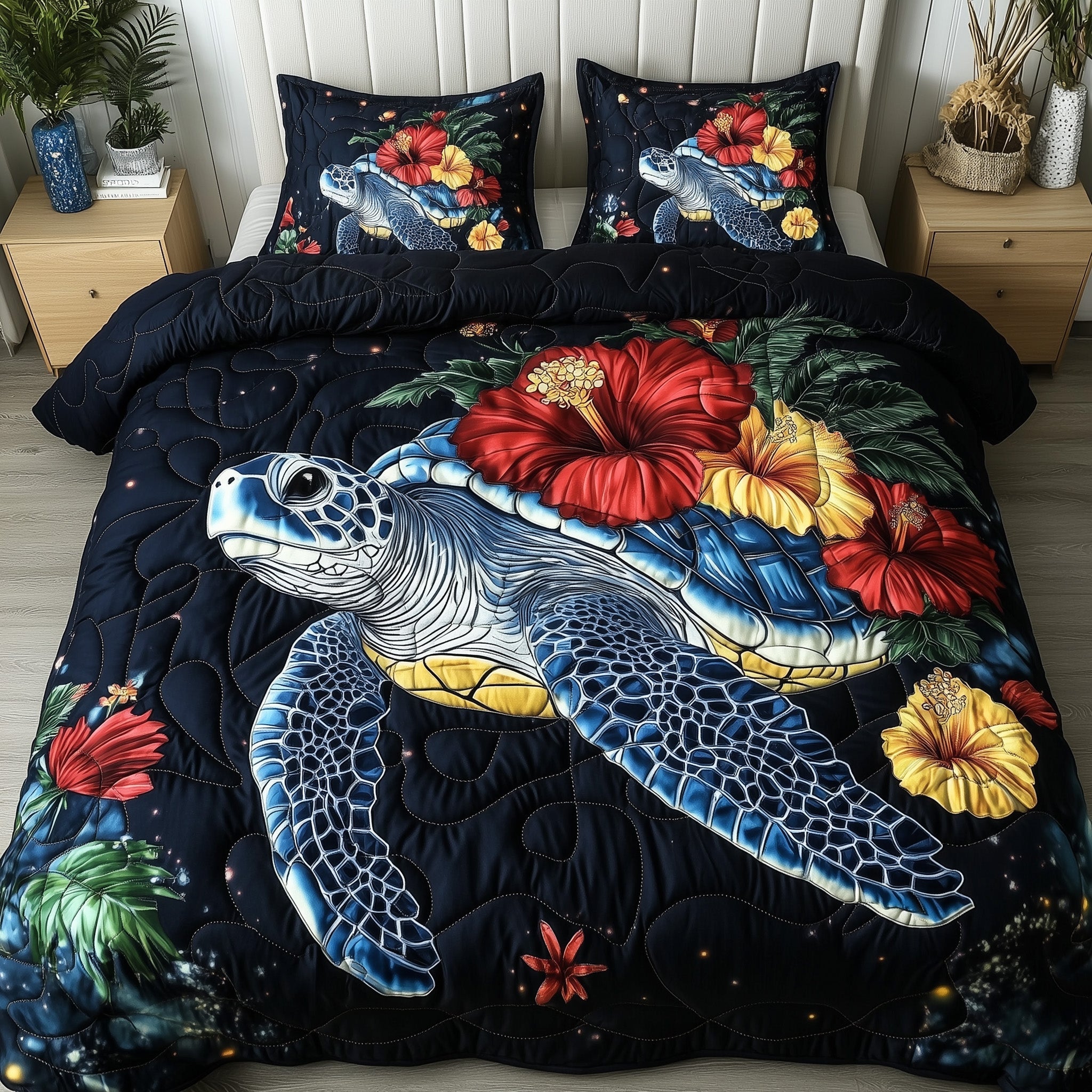 Celestial Bloom Turtle Quilted Bedding Set Duvet Cover Bed Sheet Cute Turtle Themed Gifts