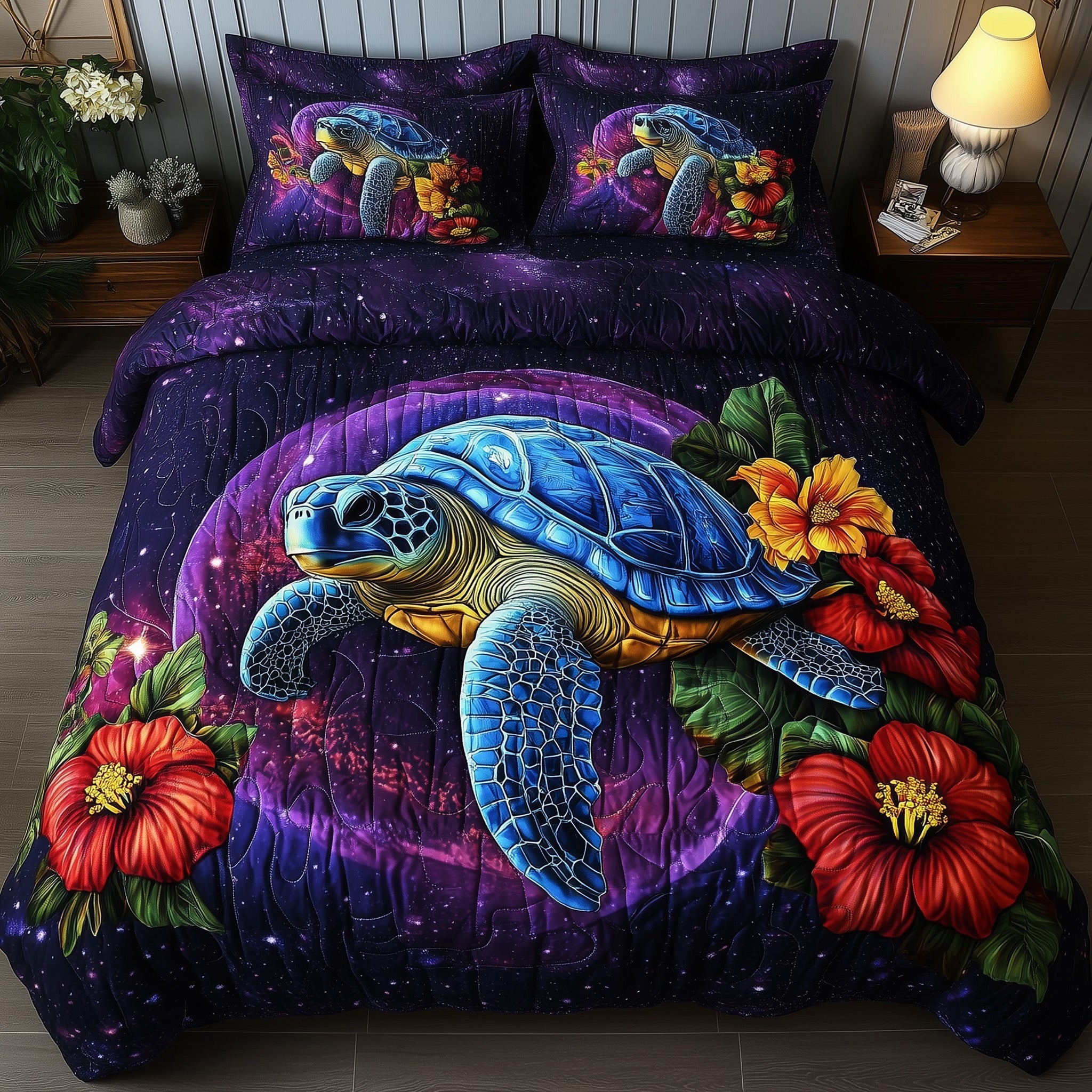 Celestial Bloom Turtle Quilted Bedding Set Duvet Cover Bed Sheet Gifts For A Turtle Lover