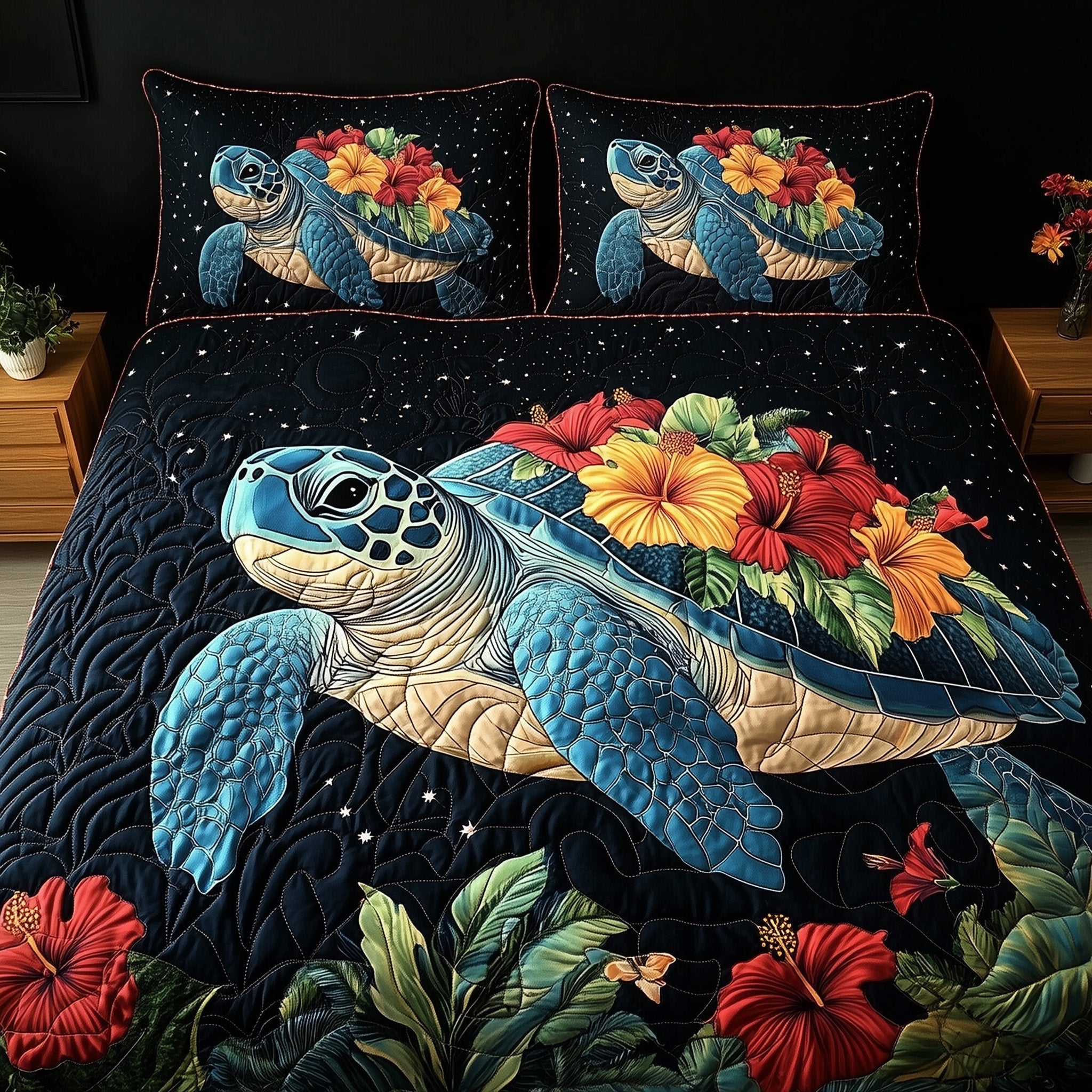 Celestial Bloom Turtle Quilted Bedding Set Duvet Cover Bed Sheet Presents For Turtle Lovers