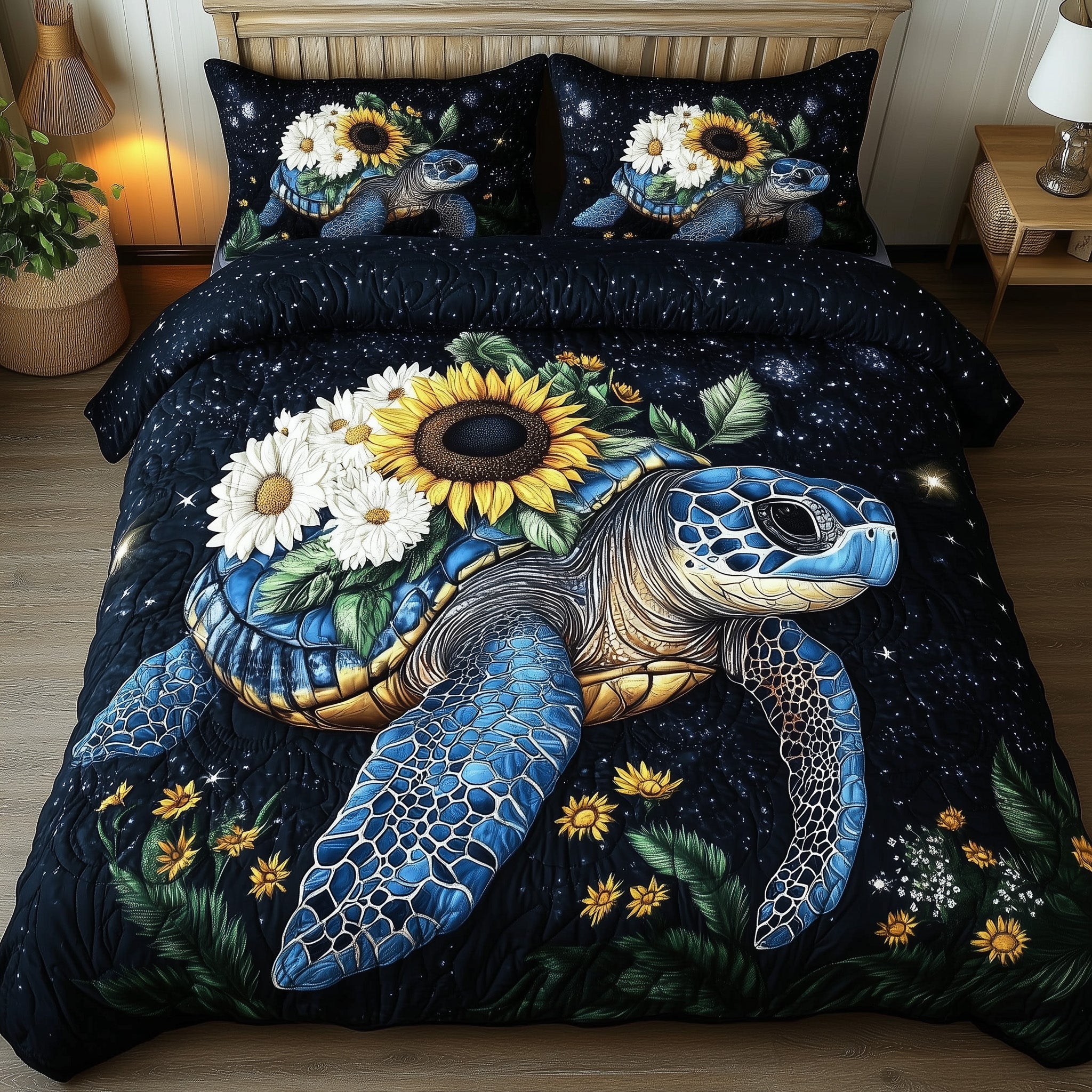 Celestial Bloom Turtle Quilted Bedding Set Duvet Cover Bed Sheet Turtle Gifts For Adults