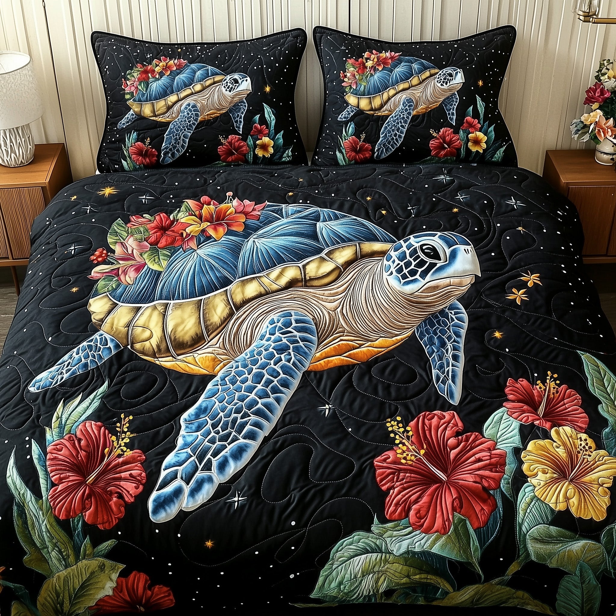 Celestial Bloom Turtle Quilted Bedding Set Duvet Cover Bed Sheet Turtle Gifts For Christmas Holiday