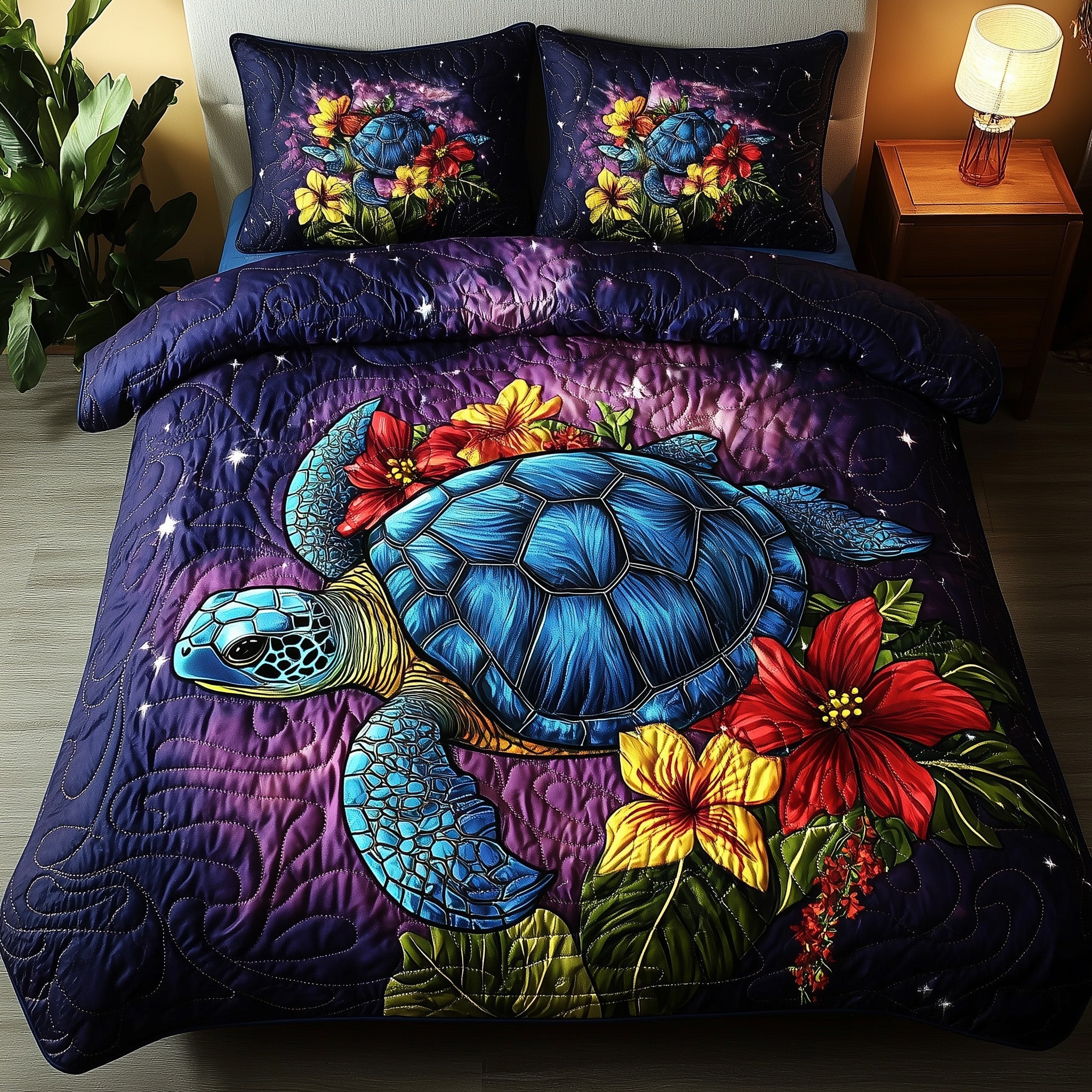 Celestial Bloom Turtle Quilted Bedding Set Duvet Cover Bed Sheet Turtle Gifts For Dad