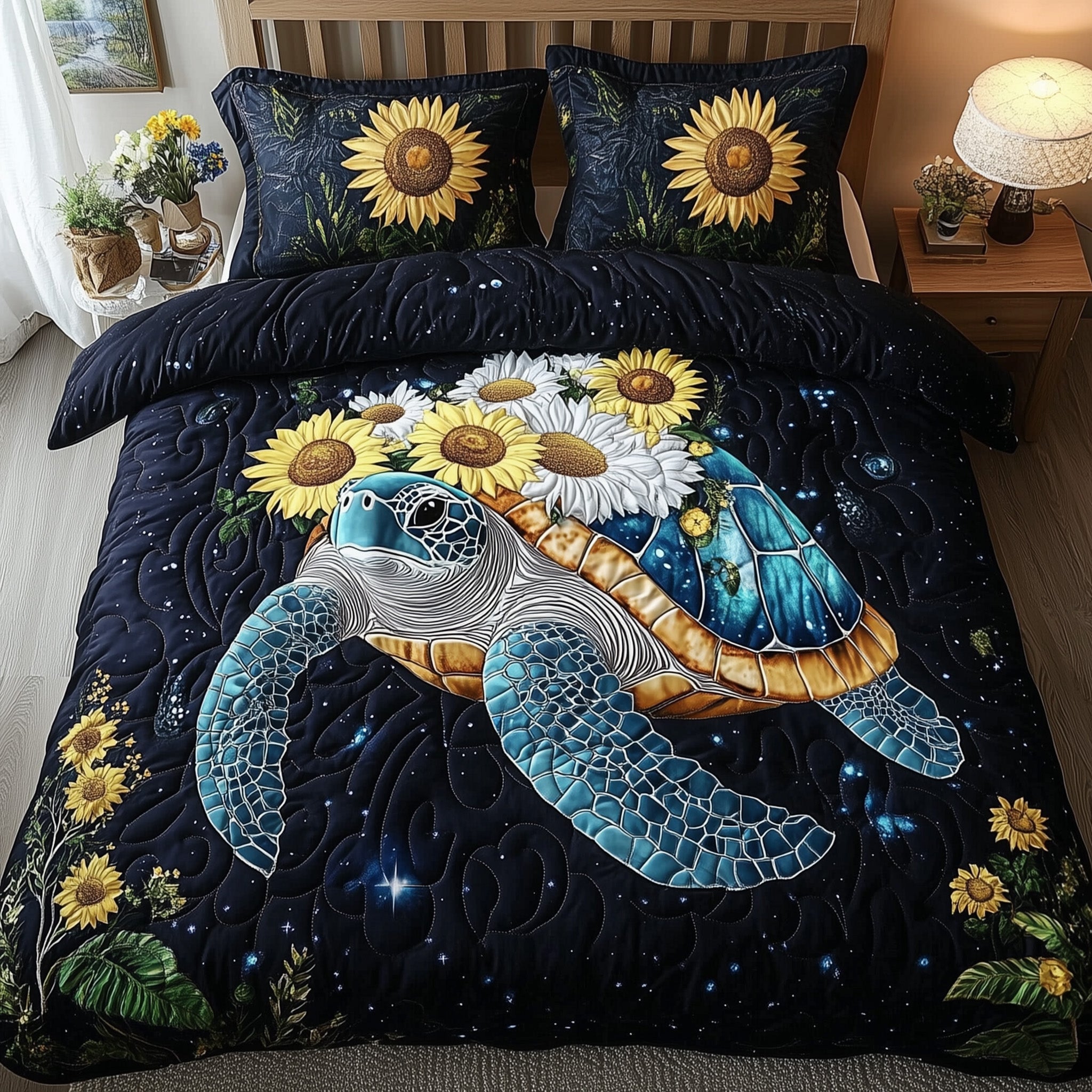 Celestial Bloom Turtle Quilted Bedding Set Duvet Cover Bed Sheet Turtle Gifts For Mom