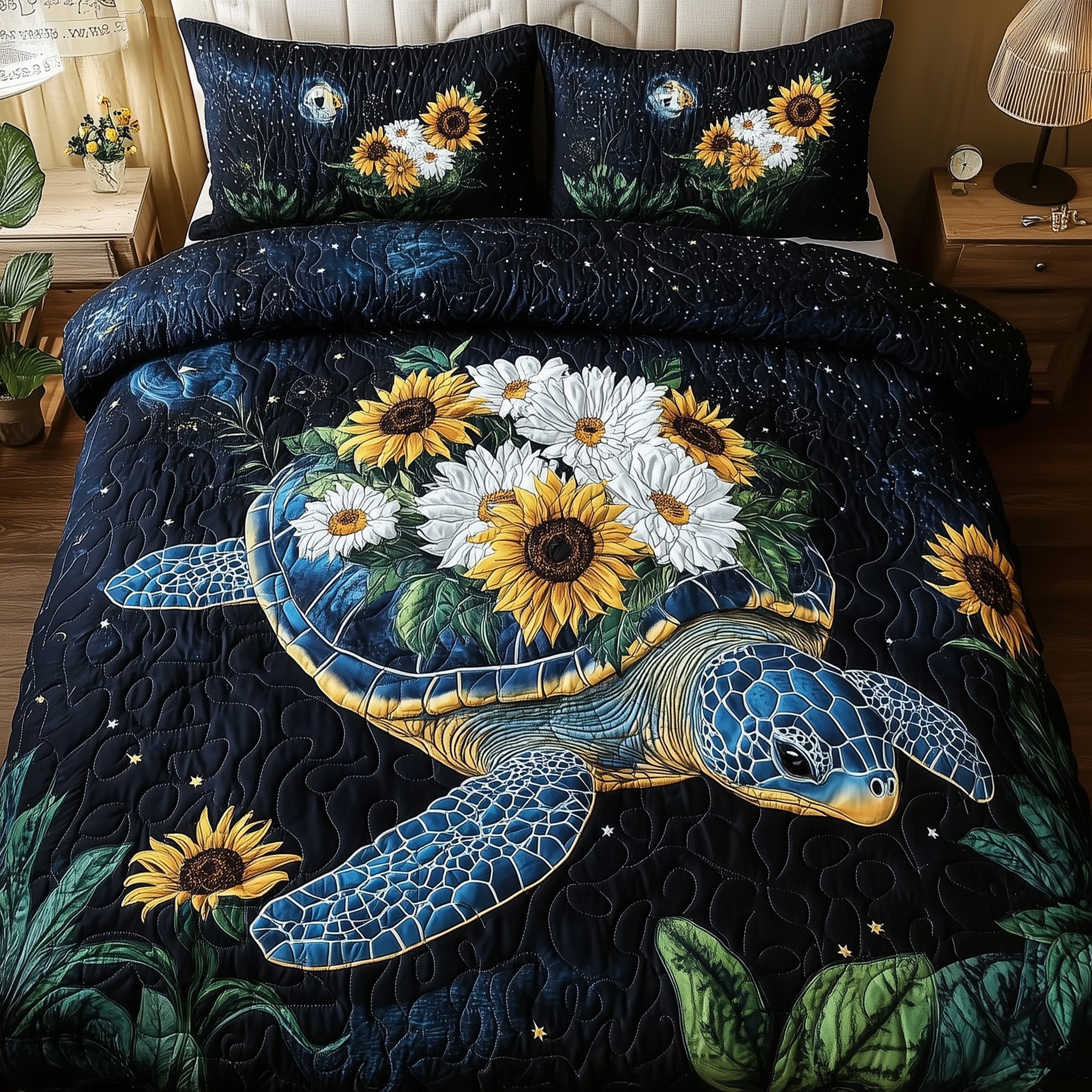 Celestial Bloom Turtle Quilted Bedding Set Duvet Cover Bed Sheet Turtle Gifts For Turtle Lovers