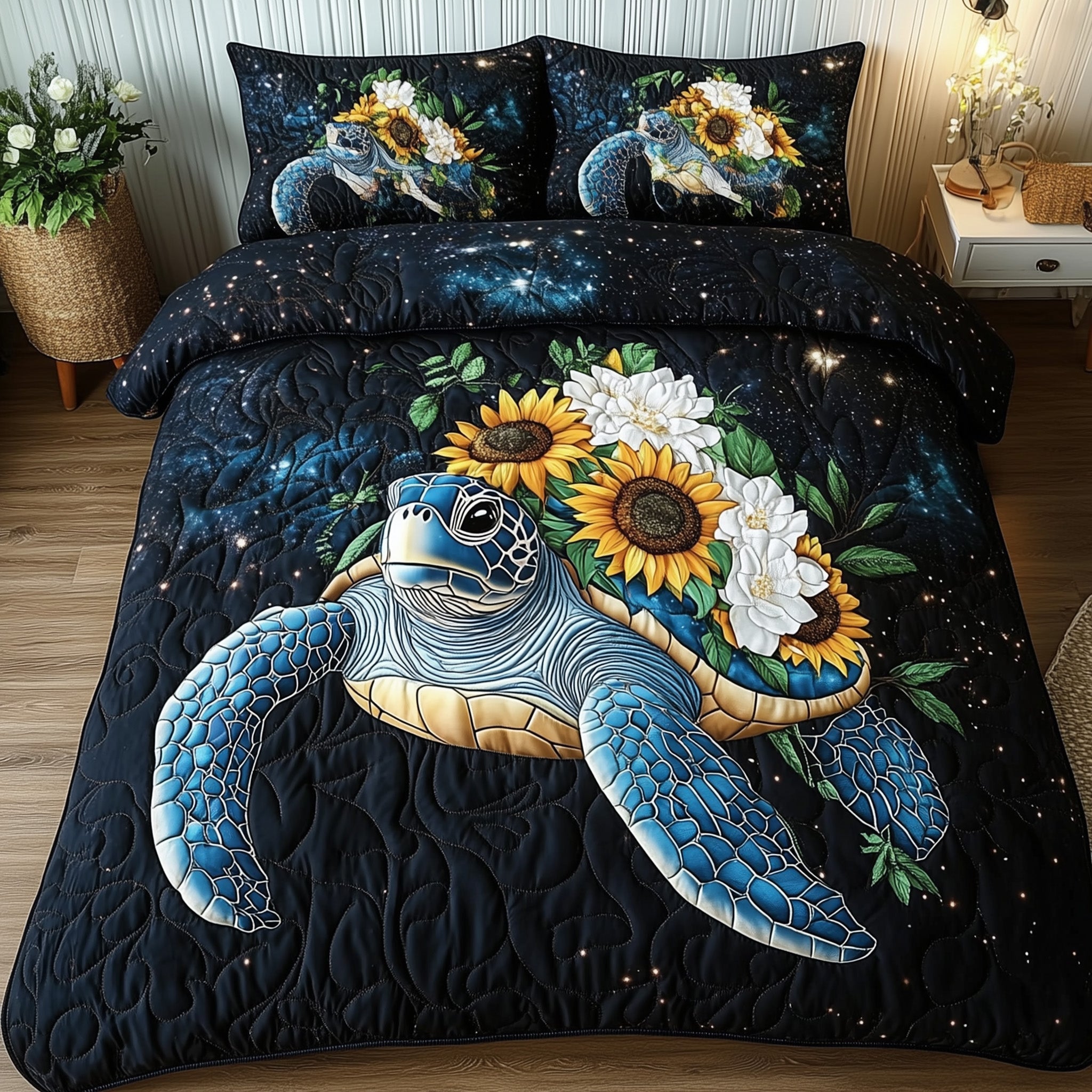 Celestial Bloom Turtle Quilted Bedding Set Duvet Cover Bed Sheet Turtle Merchandise