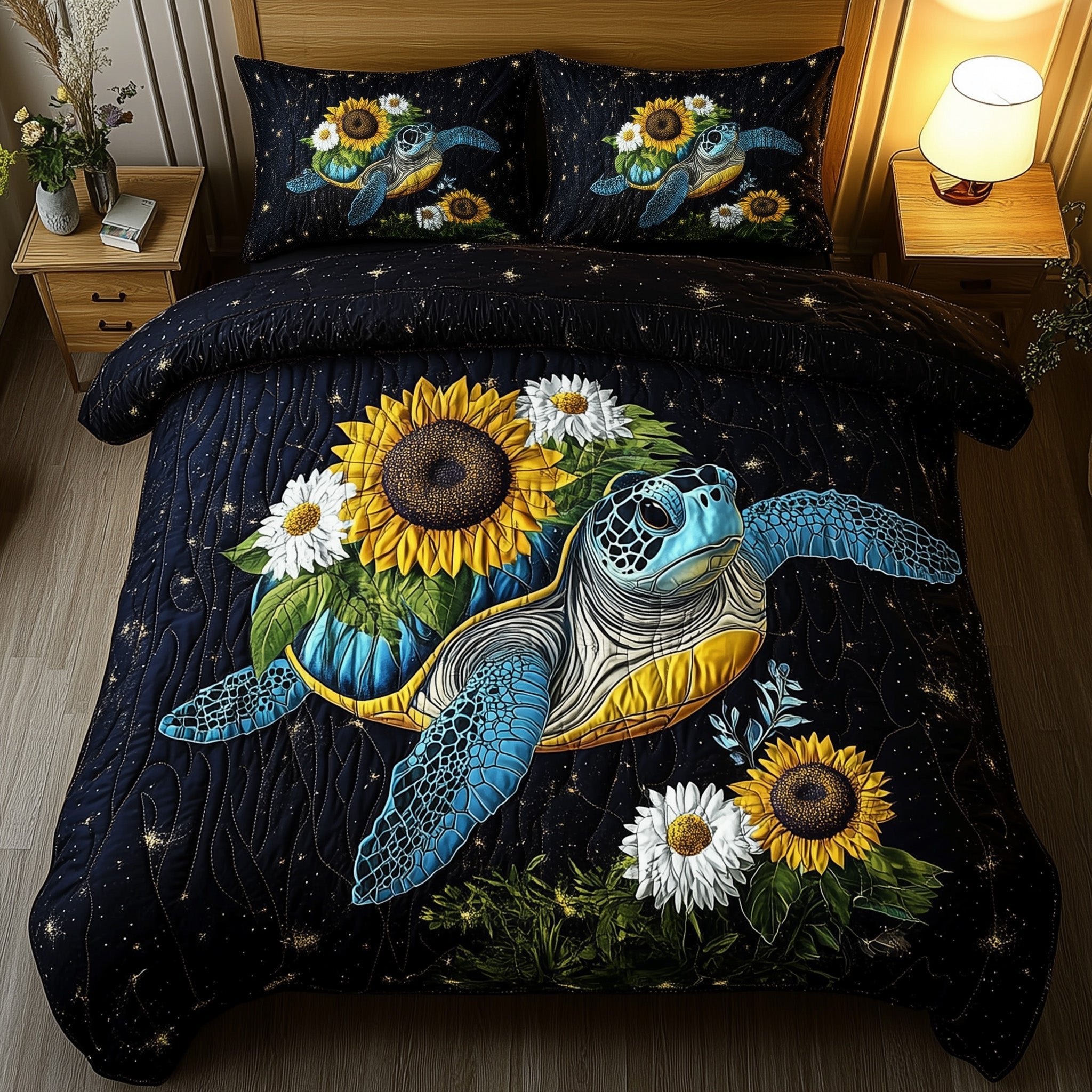 Celestial Bloom Turtle Quilted Bedding Set Duvet Cover Bed Sheet Turtle Themed Gifts For Adults