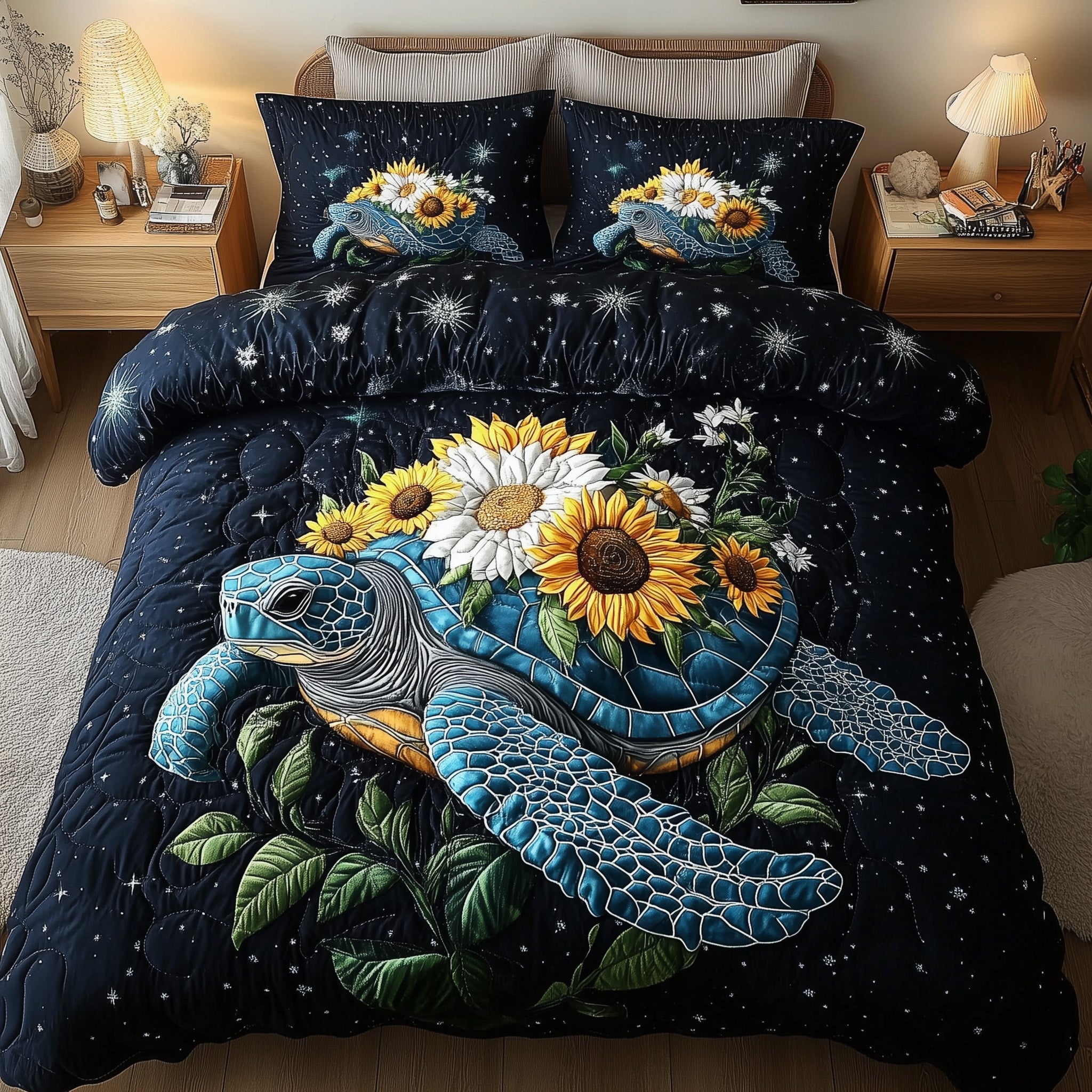 Celestial Bloom Turtle Quilted Bedding Set Duvet Cover Bed Sheet Unique Gifts For Turtle Lovers