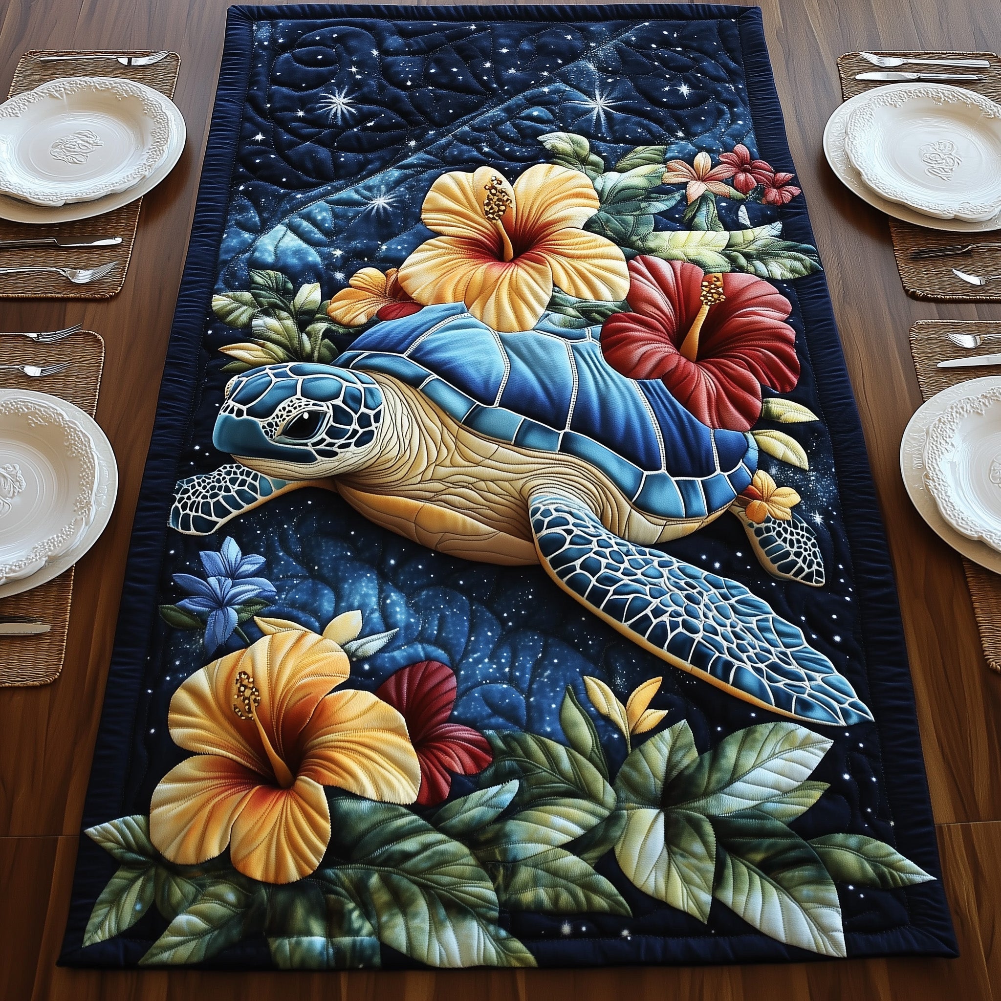 Celestial Bloom Turtle Quilted Table Runner Festive Holiday Table Runner Decor