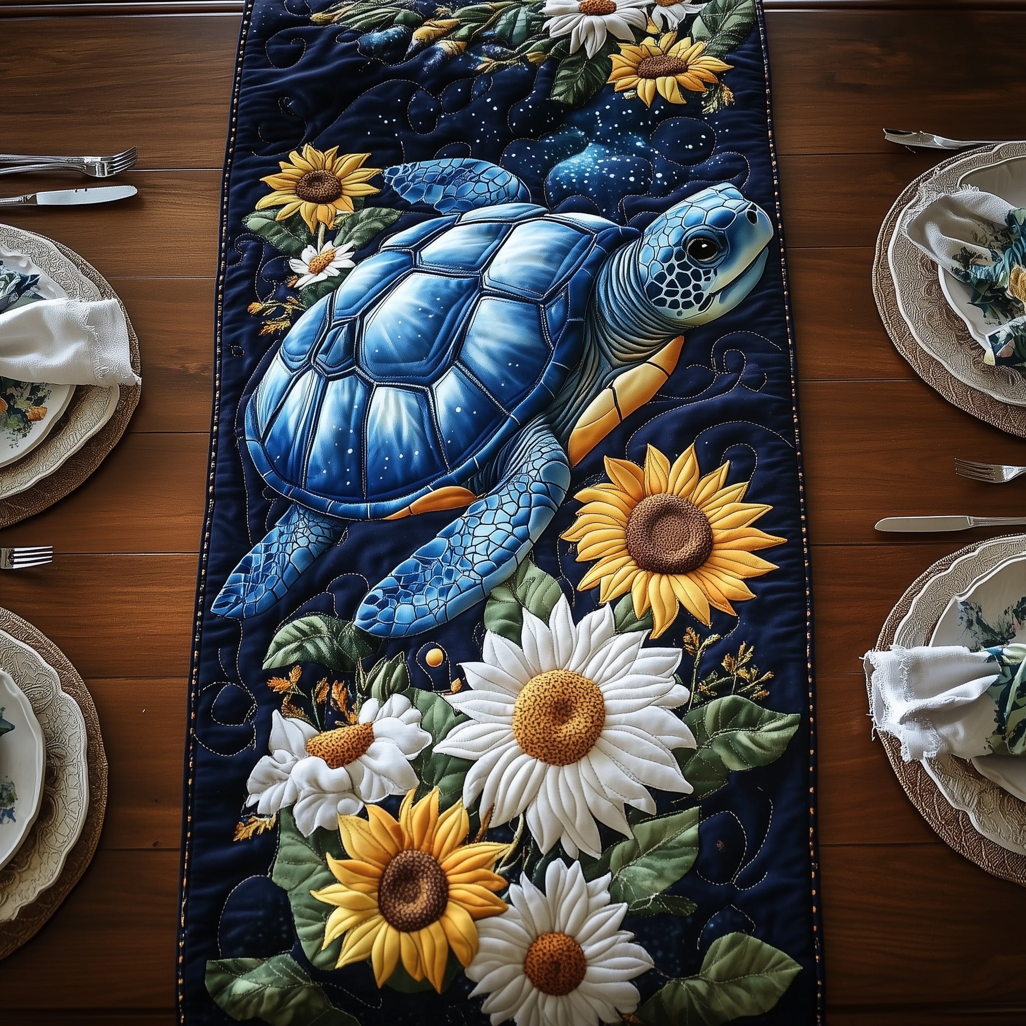 Celestial Bloom Turtle Quilted Table Runner Holiday Table Runner Gift Idea