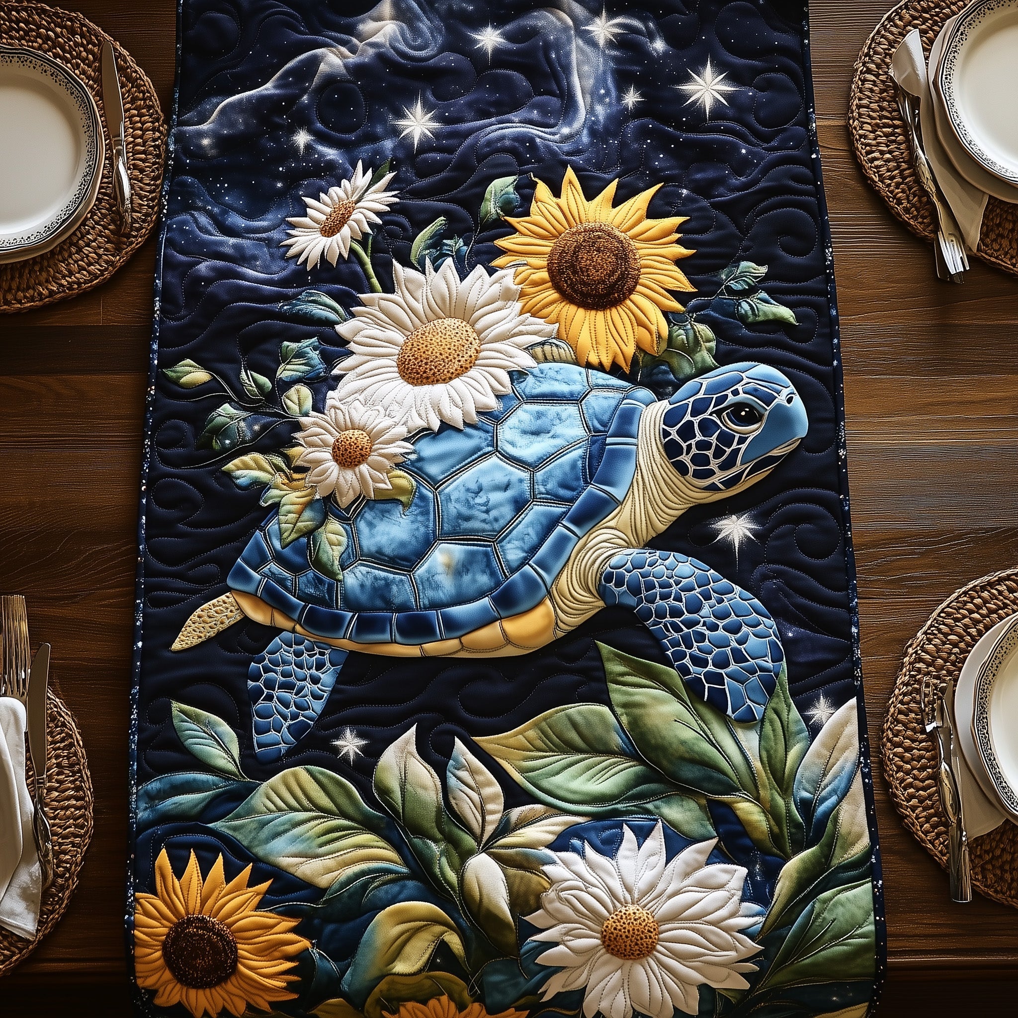 Celestial Bloom Turtle Quilted Table Runner Table Runner for Christmas Decor