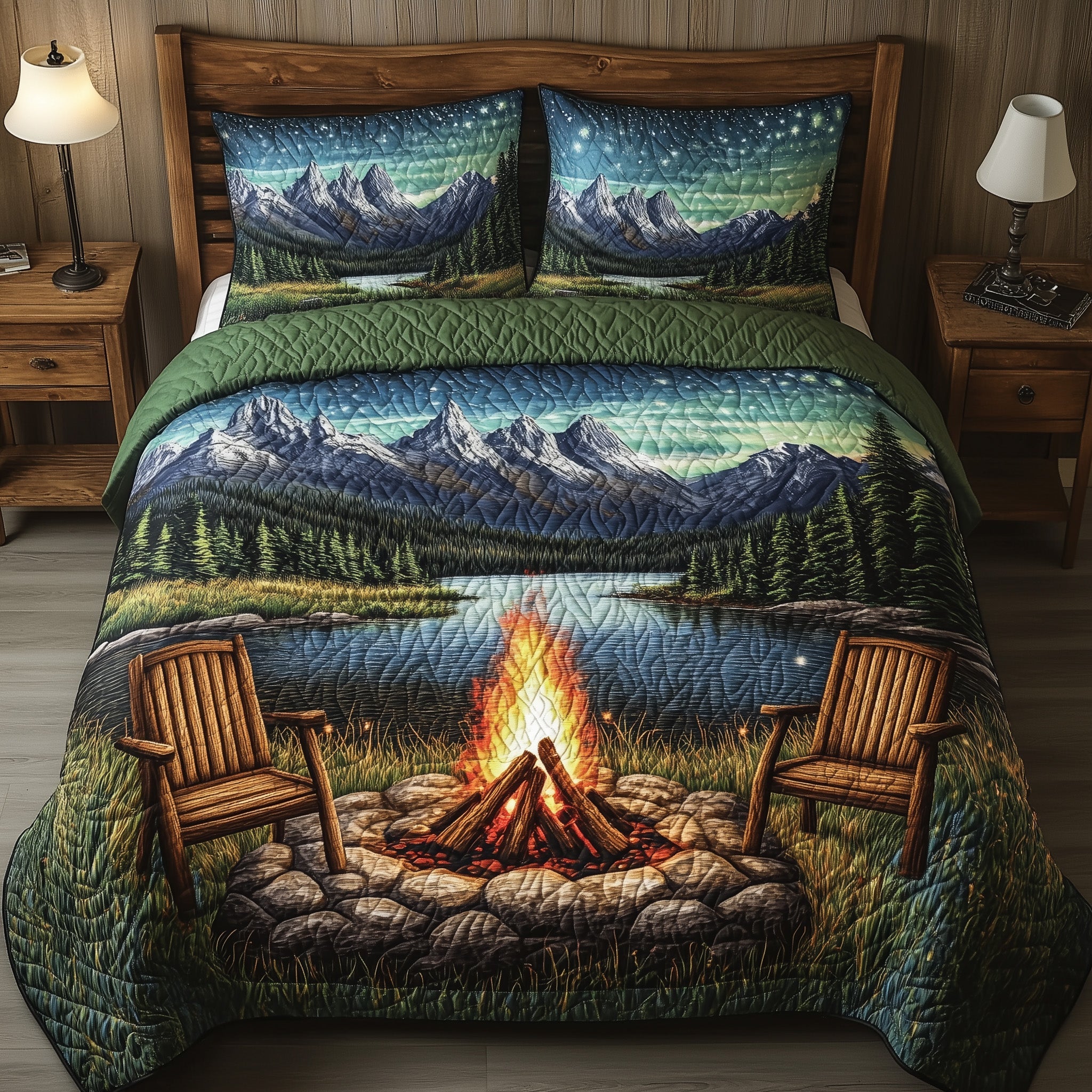 Celestial Campfire Calm Quilted Bedding Set Duvet Cover Bed Sheet Camping Gifts Fathers Day
