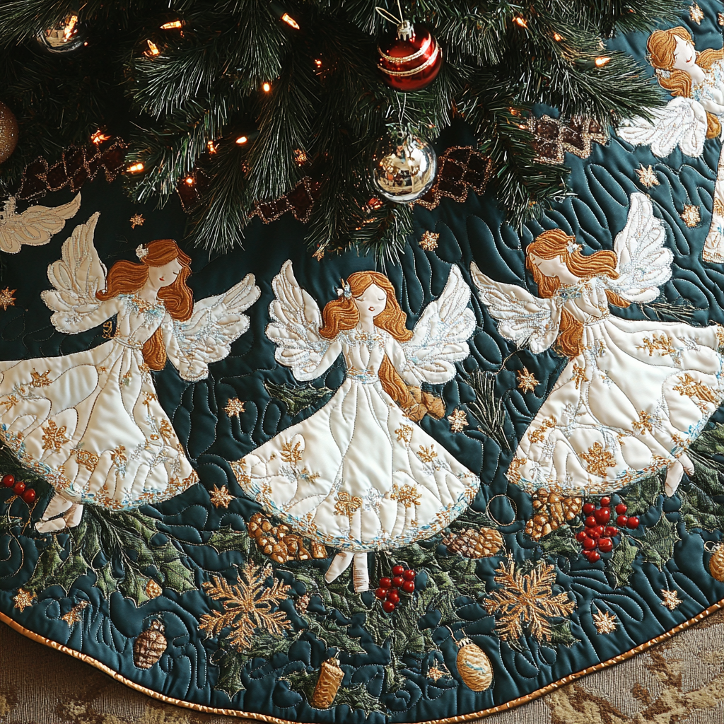 Celestial Carols Christmas Quilted Tree Skirt Christmas Tree Skirt for Home Decor Classic Christmas Home Decor