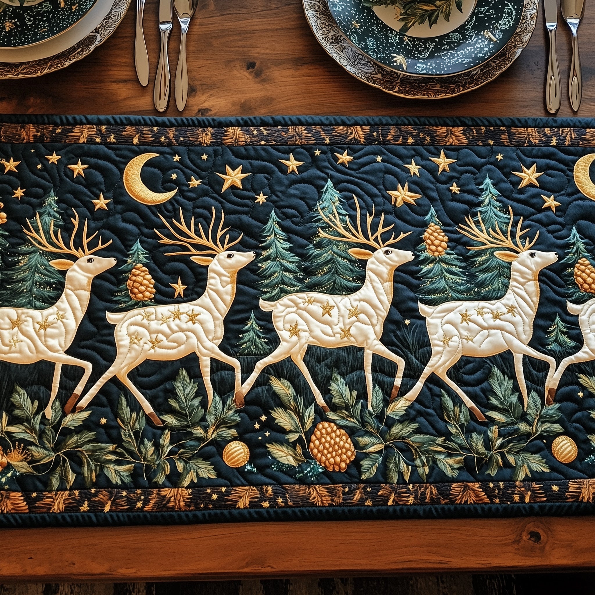 Celestial Deer Dance Quilted Table Runner Cozy Christmas Table Runner