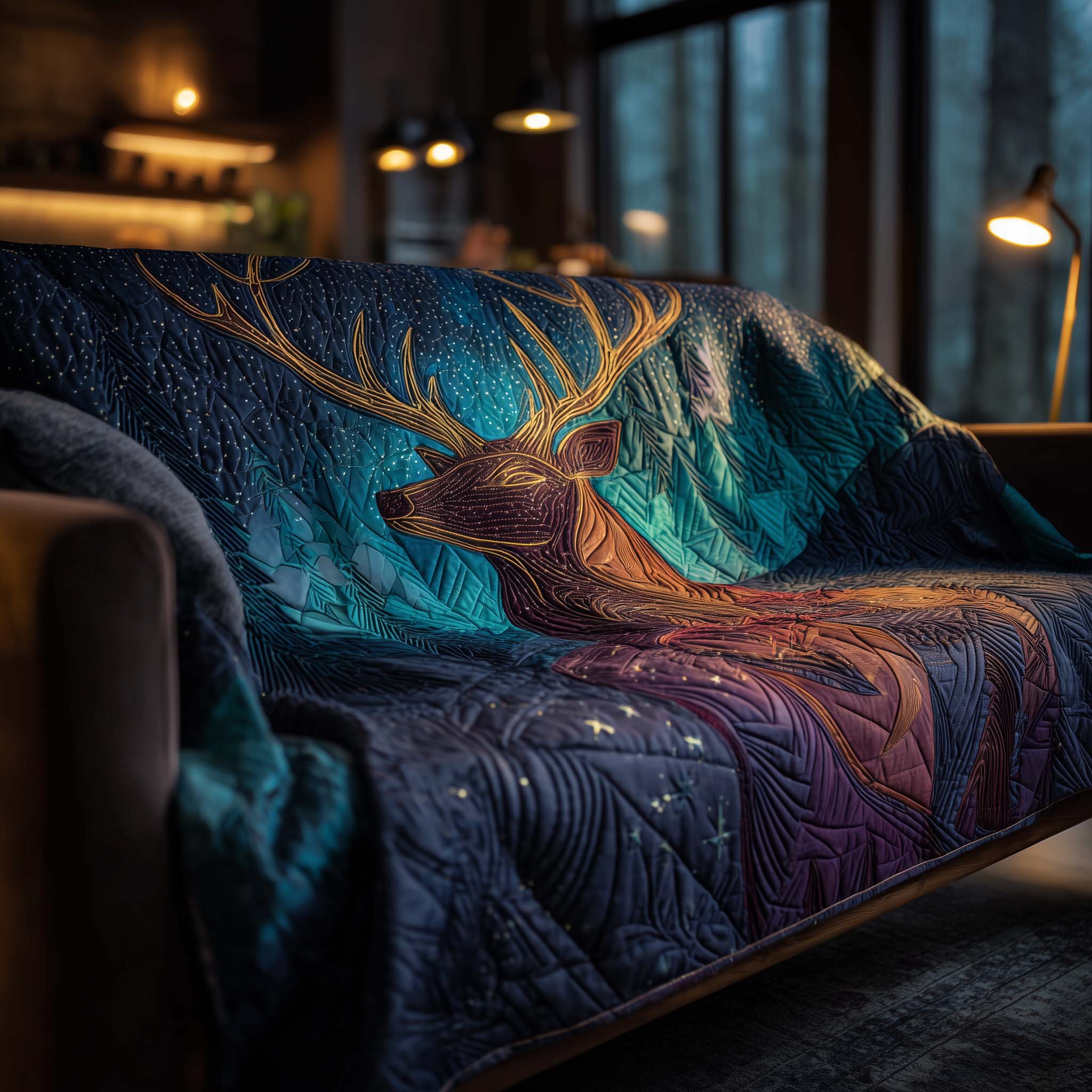 Celestial Deer Quilted Sofa Cover Mystical Zodiac Motif Deer Themed Gifts For Him