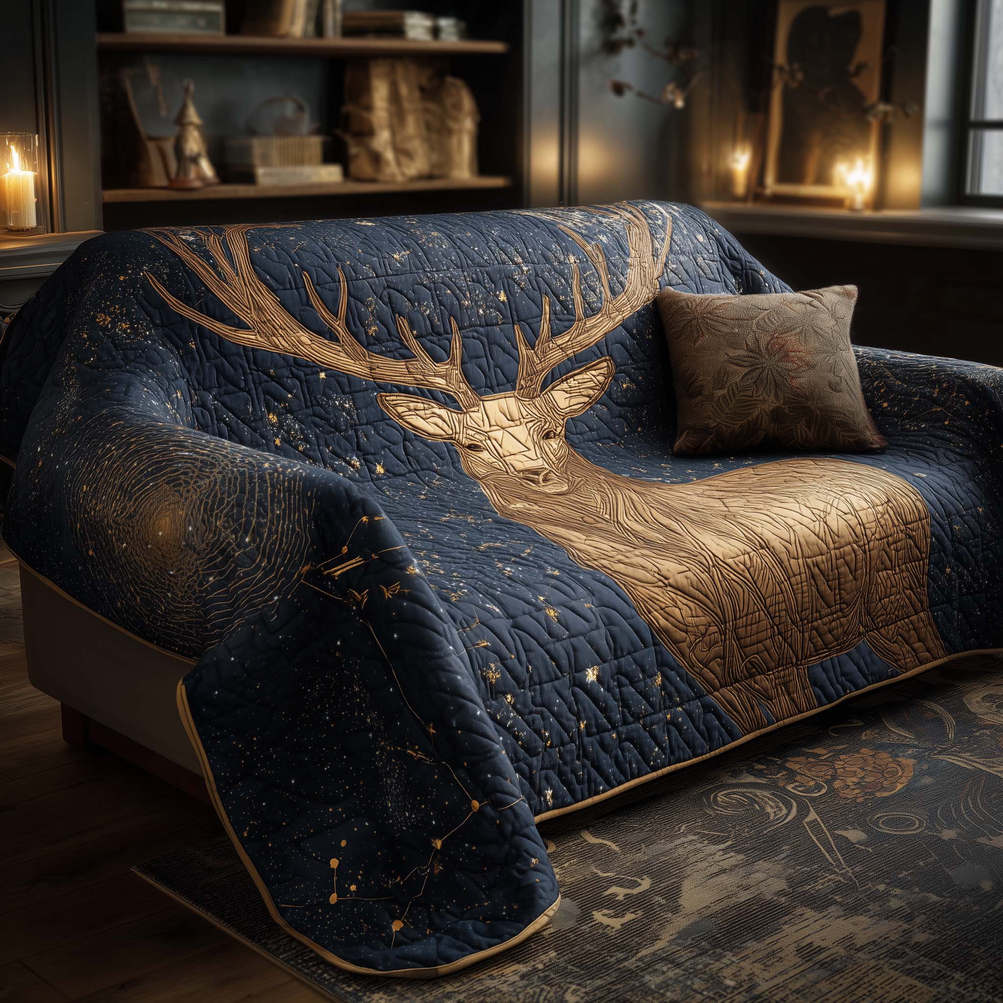Celestial Deer Quilted Sofa Cover Starry Night Reindeer Design Deer Themed Gifts For Him