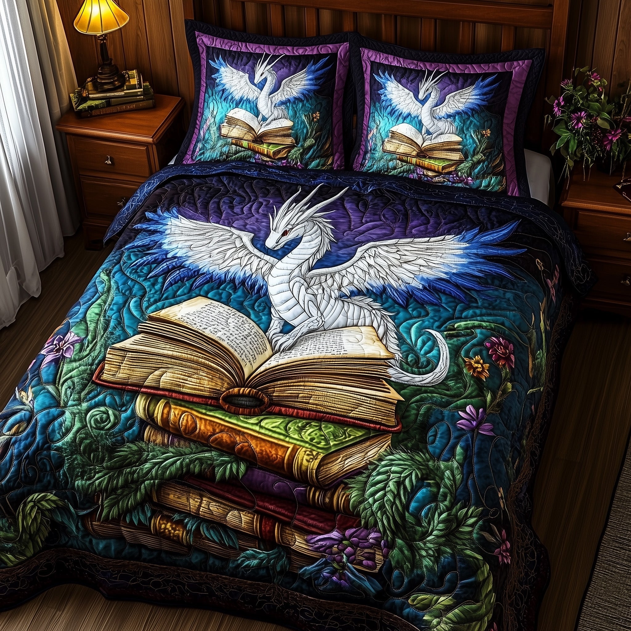 Celestial Dragon Reader Quilted Bedding Set Duvet Cover Bedspread Best Dragon Gifts Book Lover